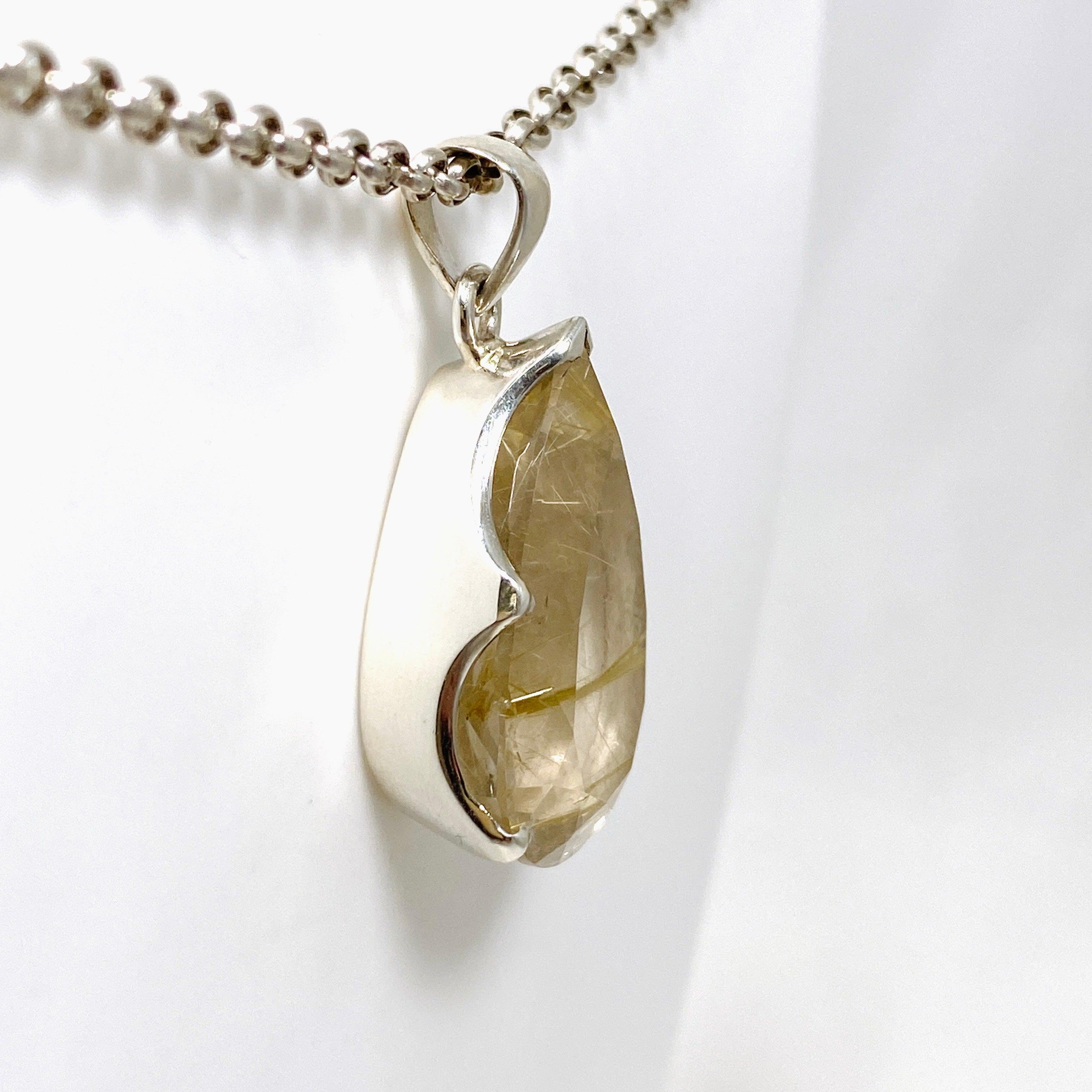Natural Rutilated Quartz Faceted Teardrop Pendant Necklace - Elegant Golden Needle Inclusions - Perfect for Spiritual Healing, Meditation & Boho Jewelry Collection