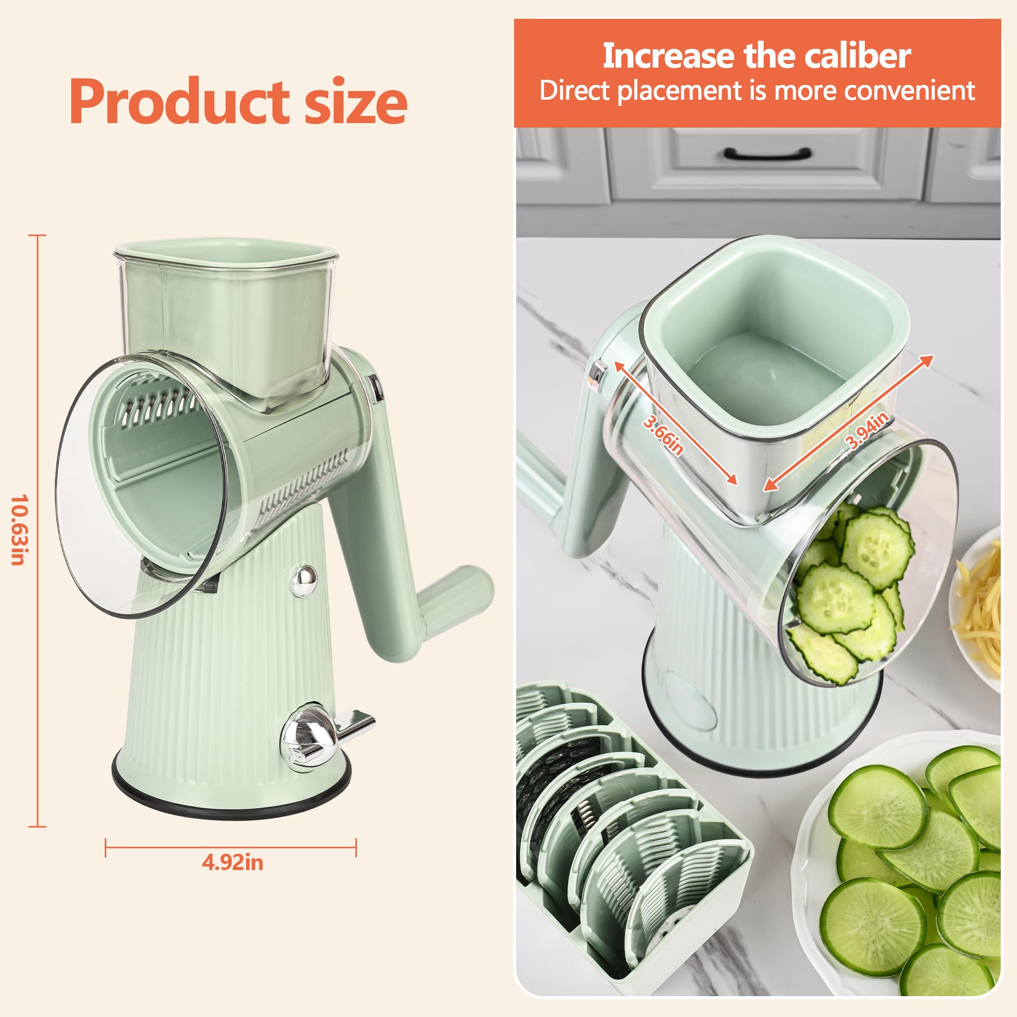 5-Blade Hand Crank Cheese Grater & Vegetable Slicer - Ergonomic Kitchen Countertop Shredder with Clean Brush for Cheese, Nuts & Matcha (Green) - Perfect for Meal Prep, Pizza Topping & Baking Accessories