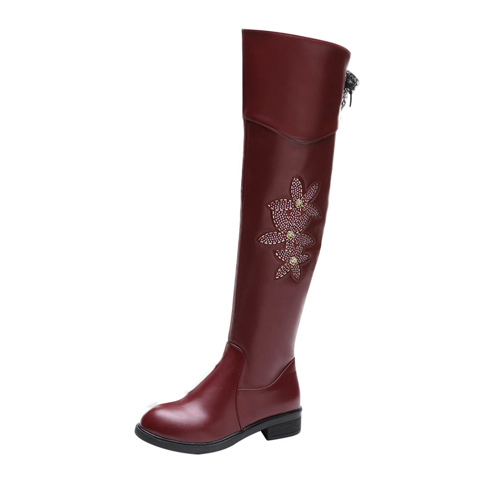 Fashion Women's Knee High Boots with Side Flowers & Rhinestone Decor - Low Heel Zipper Long Boots for Casual Wear & Party (Red, Size 7) | Perfect for Office, Dating & Night Out