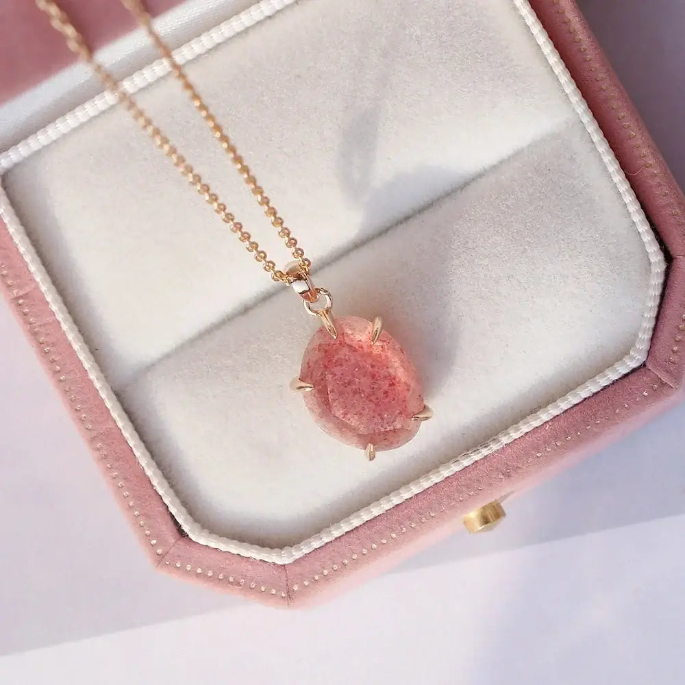 Dainty Strawberry Pink Gemstone Necklace for Women - Elegant Rose Quartz Pendant Jewelry Gift | Perfect for Valentine's Day, Anniversary & Everyday Wear | HJZB 250