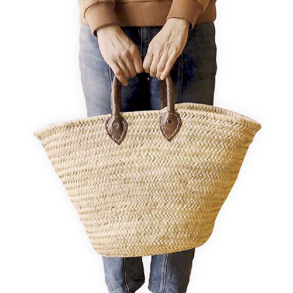 French Straw Basket Bag with Leather Handles - Woven Wicker Beach Tote, Market Shopping Basket - Perfect for Beach Outings, Farmers Market & Boho Chic Style