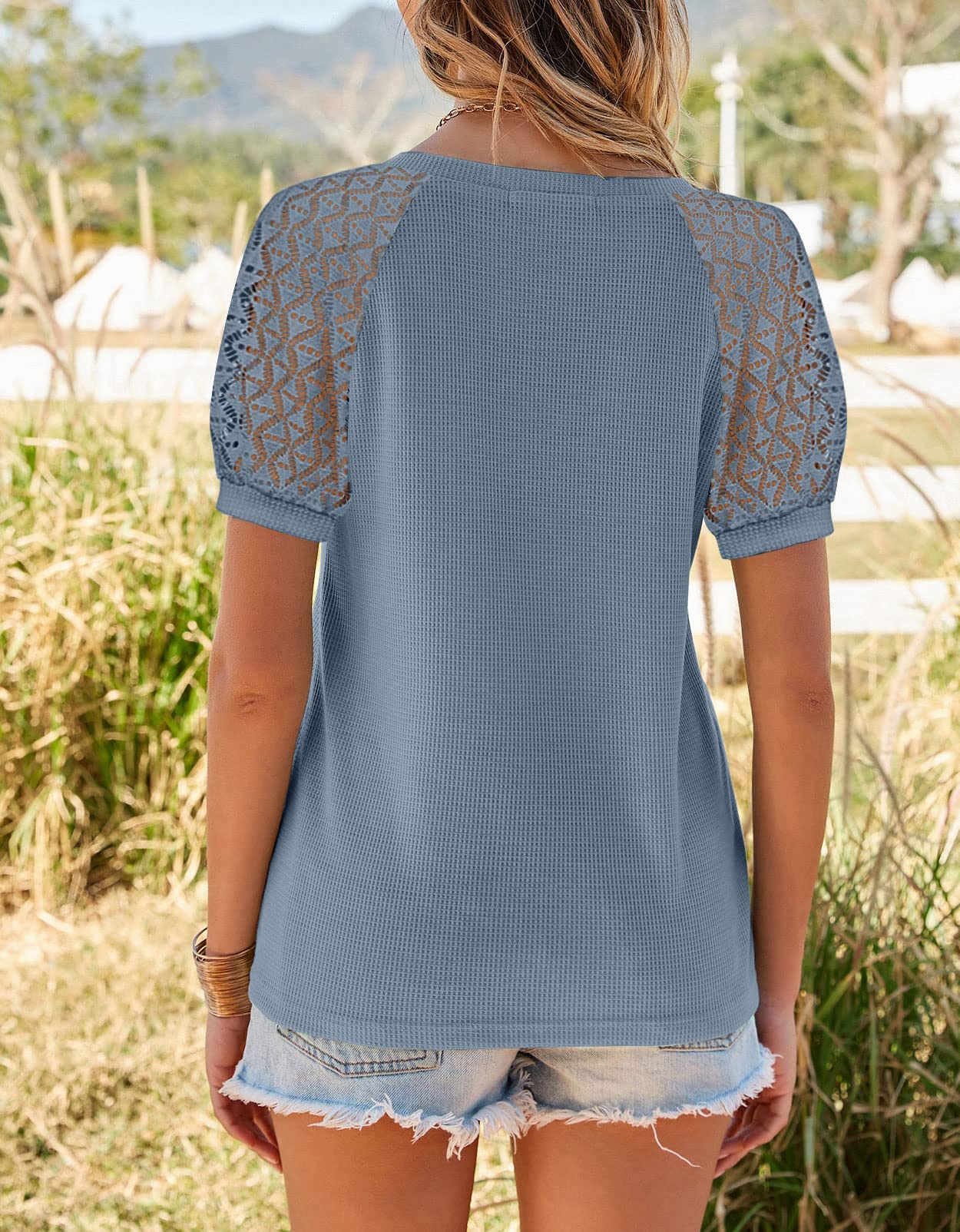 MEROKEETY Women's Summer Lace Short Sleeve V-Neck Blouse - Loose Casual Waffle Knit Top for Beach, Vacation & Everyday Wear