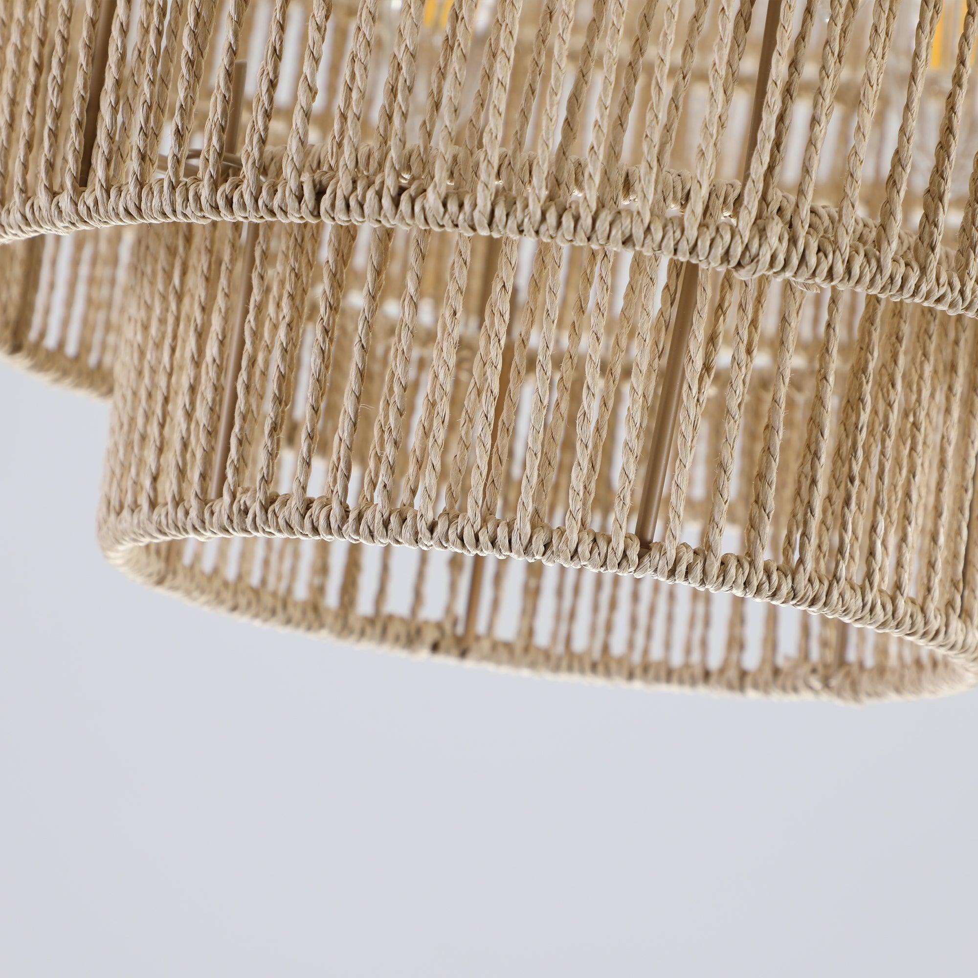 Bohemian Style 23.6 Inch Woven Rattan Pendant Light - 5 Tier Natural Wood Chandelier for Dining Room, Bedroom & Boho Home Decor