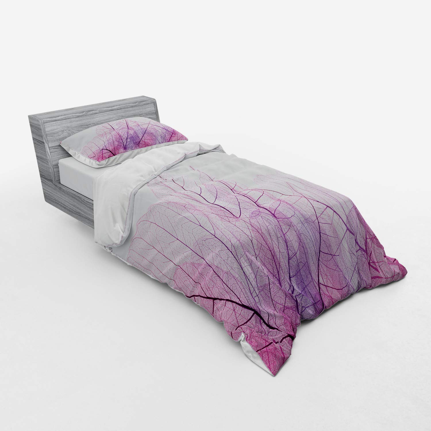 Ambesonne Leaf Bedding Set - 3 Piece Duvet Cover with Sham & Fitted Sheet, Twin Size, Pink & Purple, Skeleton Spring Flowers Contemporary Fantasy Design | Perfect for Kids' Room, Guest Bedroom & Bohemian Home Decor