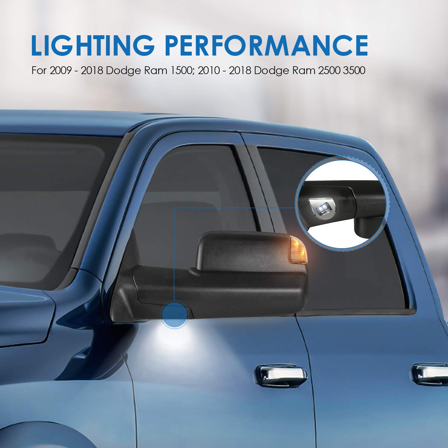 MOSTPLUS Power Heated Mirror with Foldaway LED Turn Signal & Puddle Lights - Compatible with 2009-2018 Ram 1500/2500/3500 & 2019-2023 Ram 1500 Classic (Includes Ambient Temperature Sensor) - Perfect for Winter Driving & Nighttime Visibility