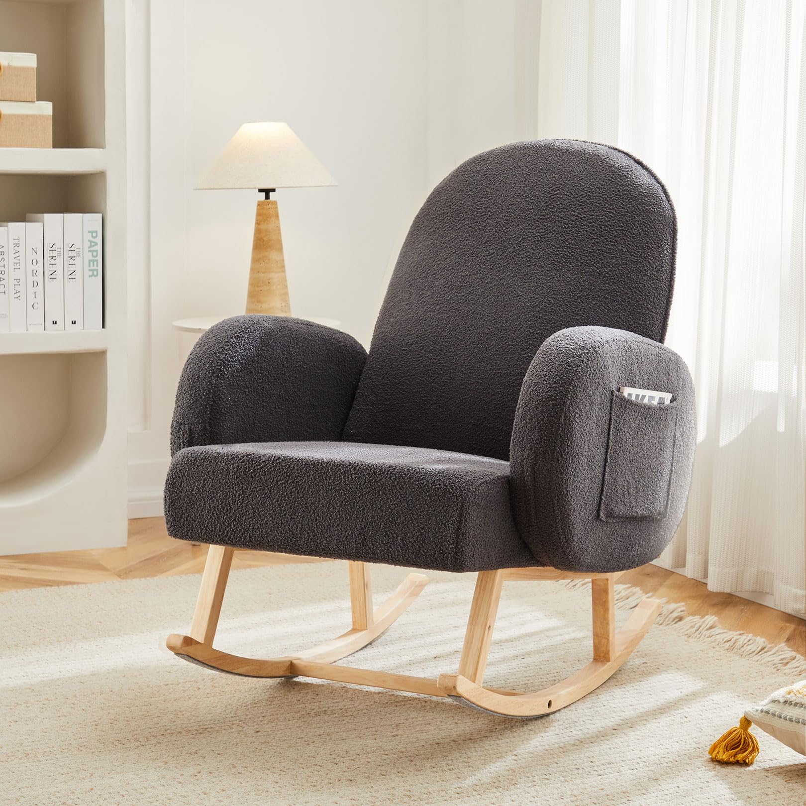 Comfortable Upholstered Rocking Chair with Side Pocket - Rubber Wood Legs Glider Accent Chair for Nursery, Living Room & Bedroom | Perfect for Nursing, Relaxing & Reading