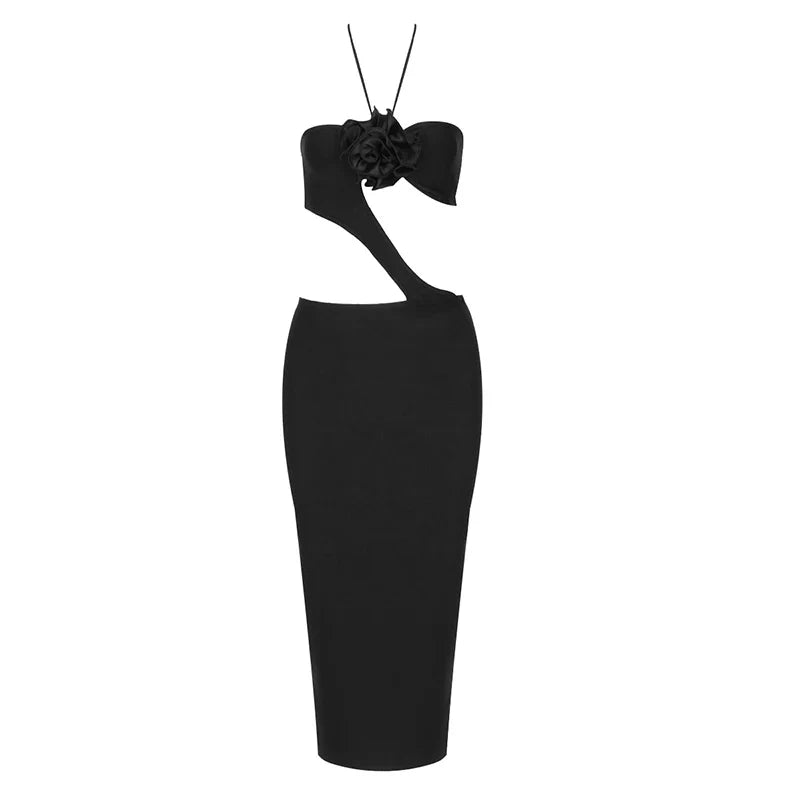 Black Women's Sexy Halter Bodycon Midi Dress - Rayon Bandage Fashion Runway Party Dress for Nightclub, Evening Out, Date Night & Special Occasions