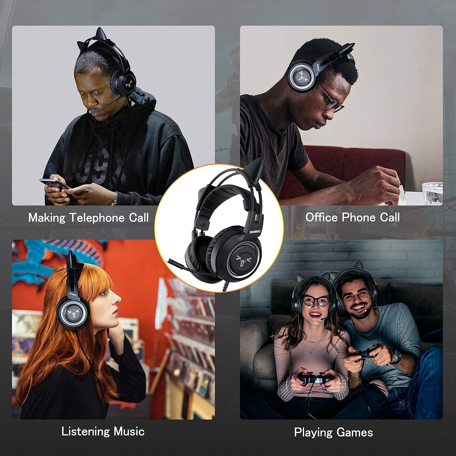 SOMIC G951S Black Cat Ear Gaming Headset with Detachable 3.5mm Cable & Headphone Stand - Compatible with PS4, PS5, Xbox One, PC & Mobile Phones - Perfect for Gaming, Streaming & Online Classes