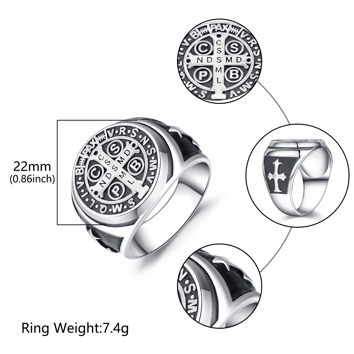 Sterling Silver St. Benedict Ring for Men - Catholic Exorcism Protection Amulet with Roman Cross - Sizes 7-13 - Perfect for Religious Gifts, Spiritual Defense & Daily Wear