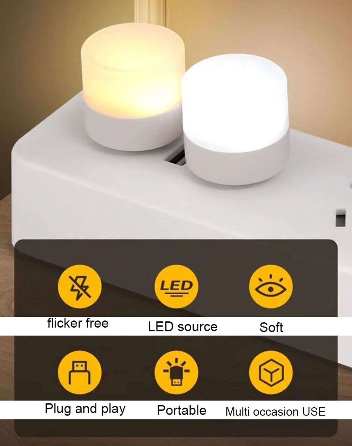10 Pack USB LED Night Lights - Warm White for Bedroom, Bathroom & Nursery