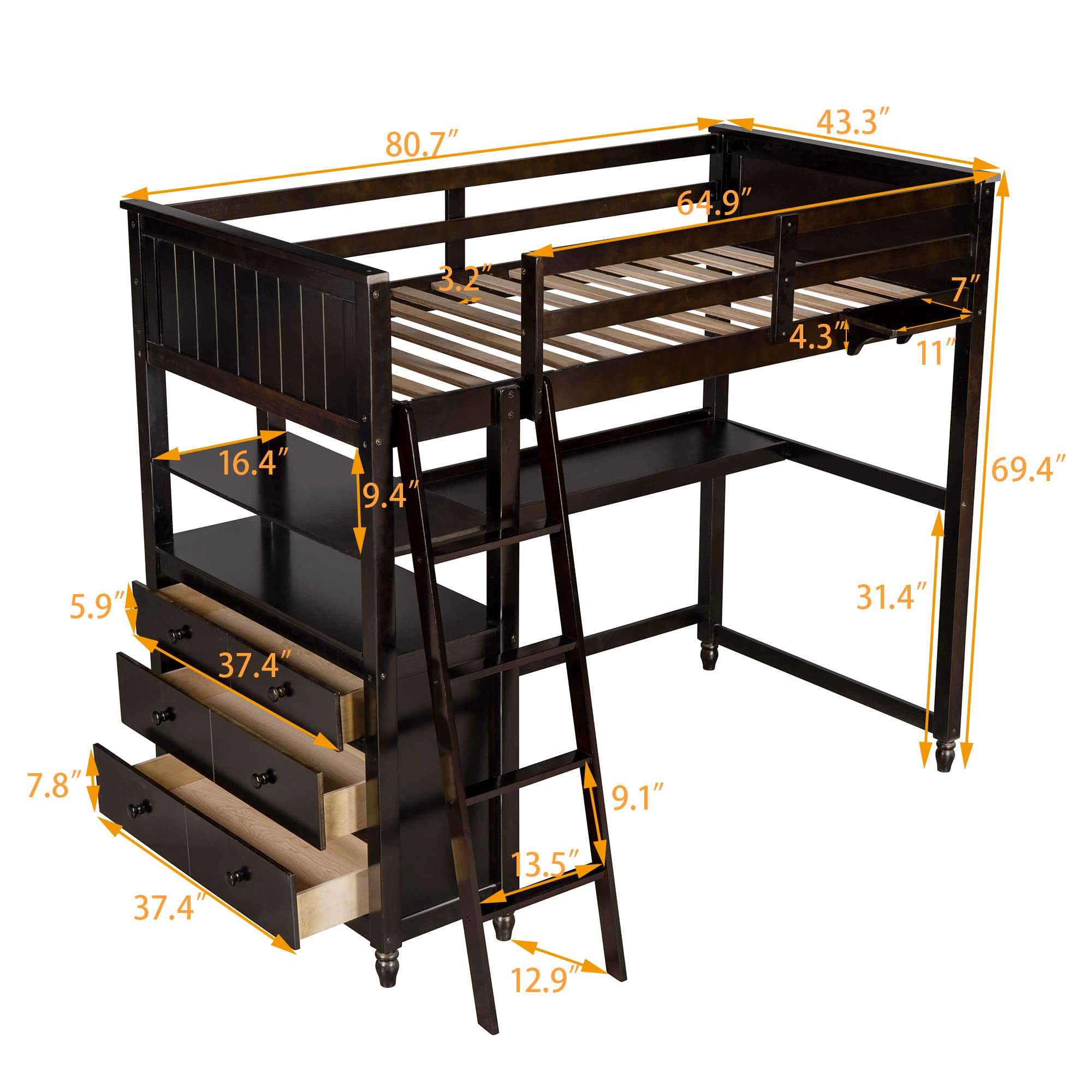 **Solid Wood Twin Loft Bed with Desk for Kids – Multi-Functional Loft Bed Frame with 3 Drawers, 3 Storage Shelves, Ladder & Guardrails (Espresso) – Perfect for Small Bedrooms, Dorm Rooms & Space-Saving Kids' Rooms**