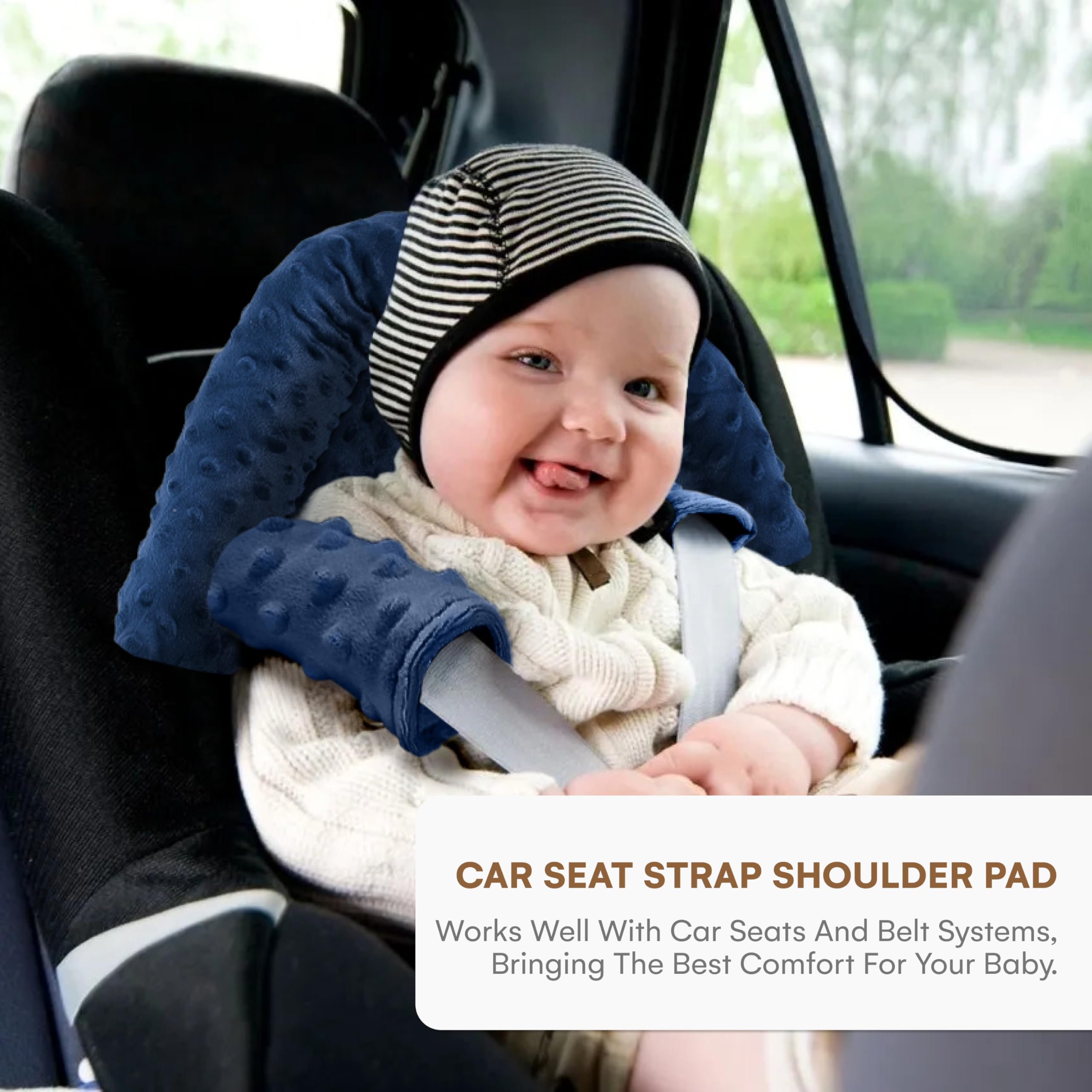 Baby Car Seat Head Support Strap - Minky Dotted Fabric Car Padding - Adjustable Body Support Strap - Dark Blue - Ideal for Car Seats, Strollers, Trampolines, and High Chairs
