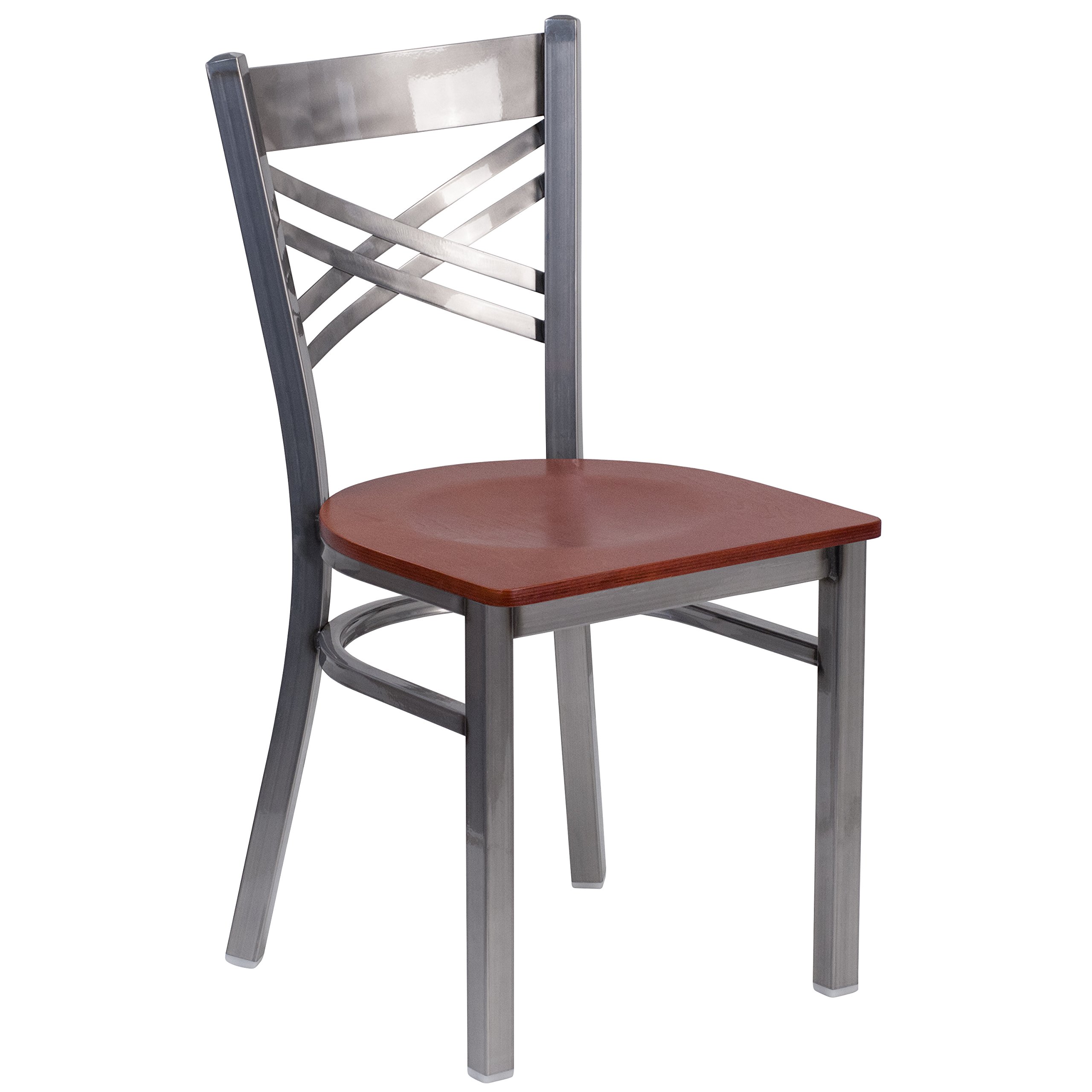 EMMA & OLIVER Clear Coated X-Back Metal Restaurant Chair with Cherry Wood Seat - Durable Commercial Dining Furniture for Cafes, Bistros and Home Kitchens