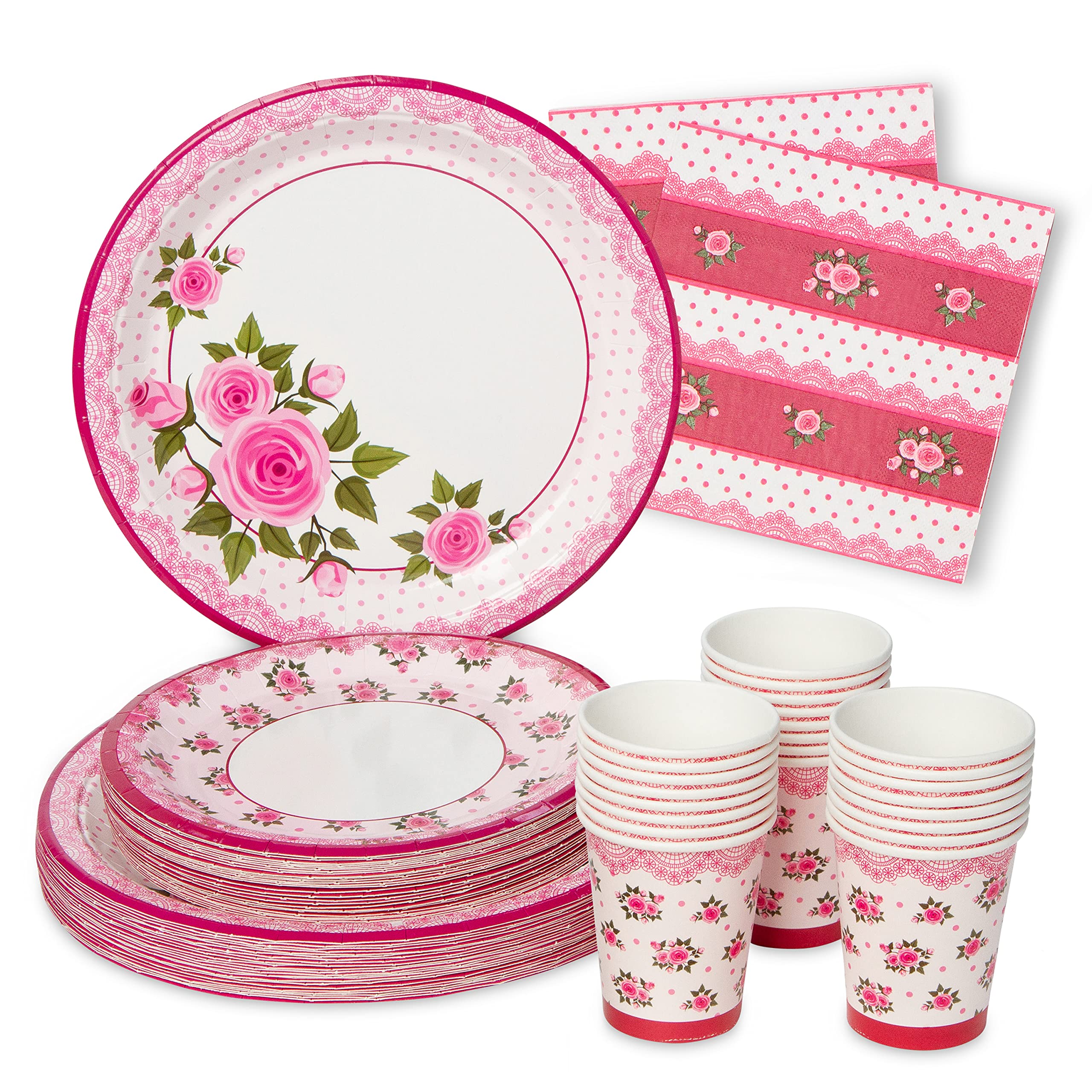 Royal Bluebonnet Rose Paper Plates and Napkins Set of 24 - Heavy Duty 400 GSM Disposable Floral Party Supplies for Birthday, Mother's Day & Easter Brunch Decorations - Perfect for Spring Garden Parties, Baby Showers and Bridal Luncheons