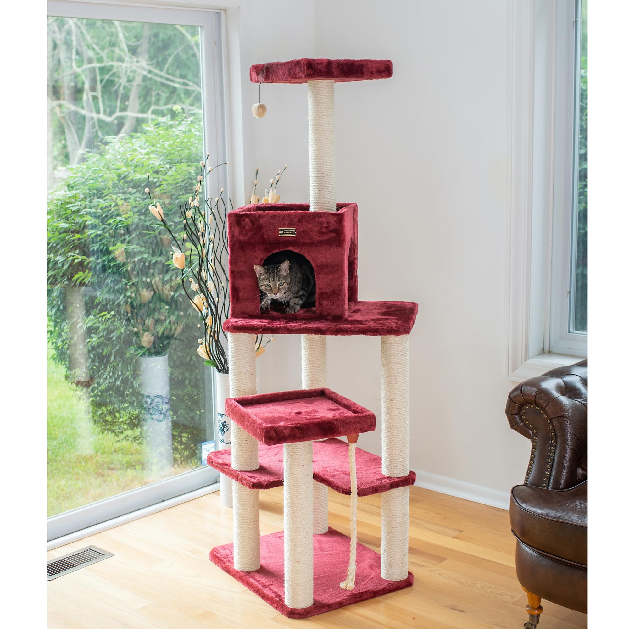 Armarkat Real Wood Cat Tower with Ultra Thick Faux Fur - 60 Inch Cat Condo House for Large Cats, Burgundy (Model A6902B) - Perfect for Indoor Climbing, Scratching & Lounging