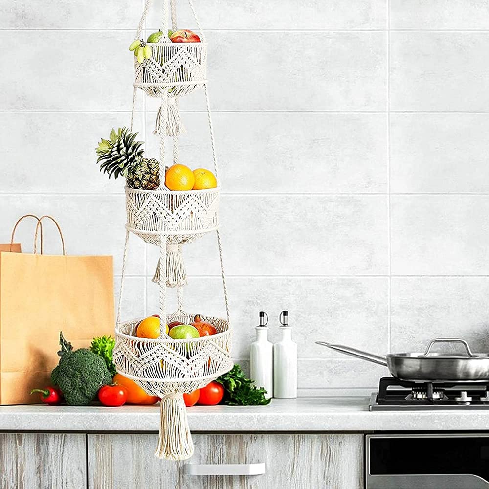 3-Tier Braided Hanging Fruit Basket - Space Saving Kitchen Storage Organizer for Fruits, Vegetables & Plants | Perfect for Pantry, Countertop & Small Spaces