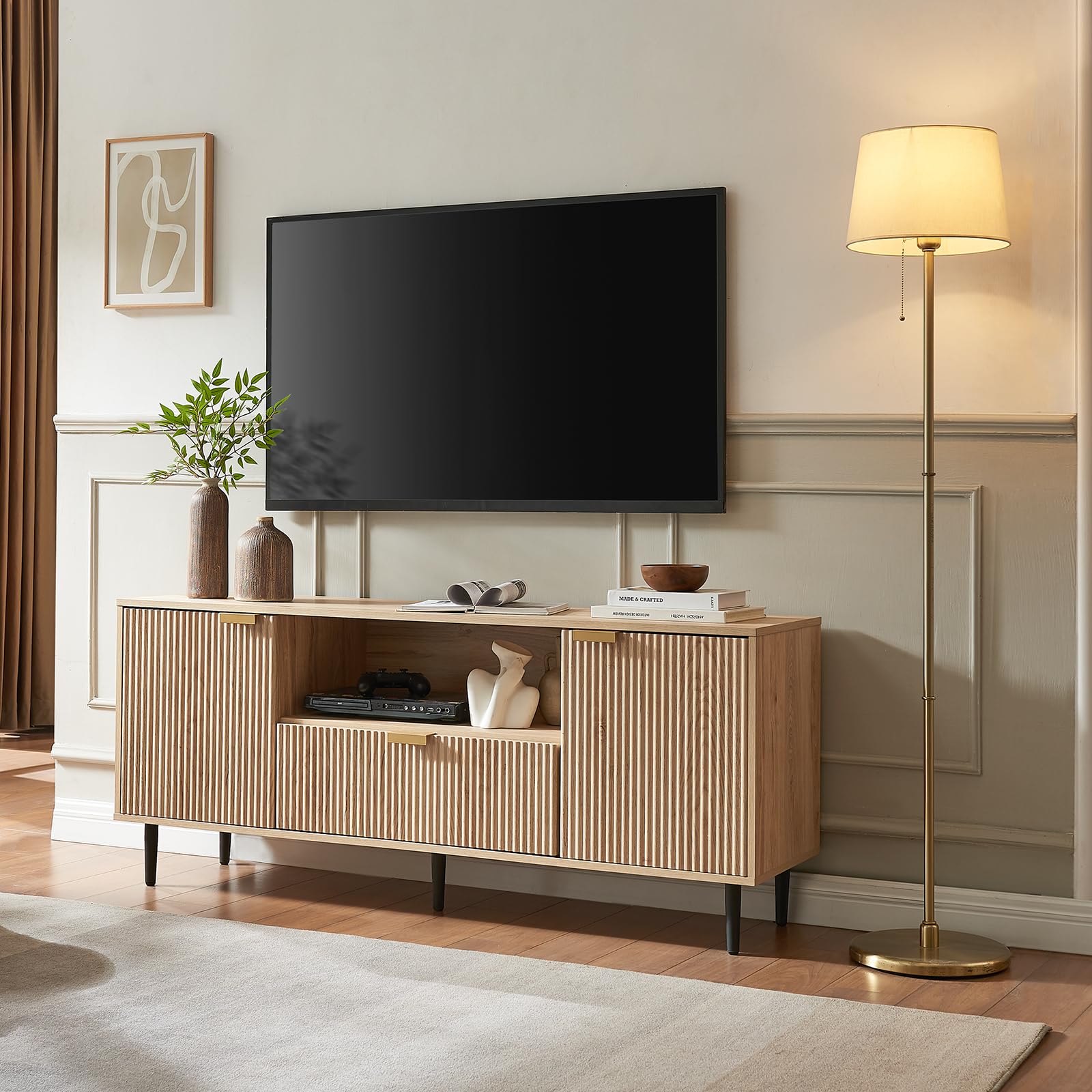 Modern Oak TV Stand for 65 Inch TVs - Wood Fluted Media Console with Soft Hinge & Storage Drawer - Living Room Entertainment Center for Home Theater & Gaming Setup