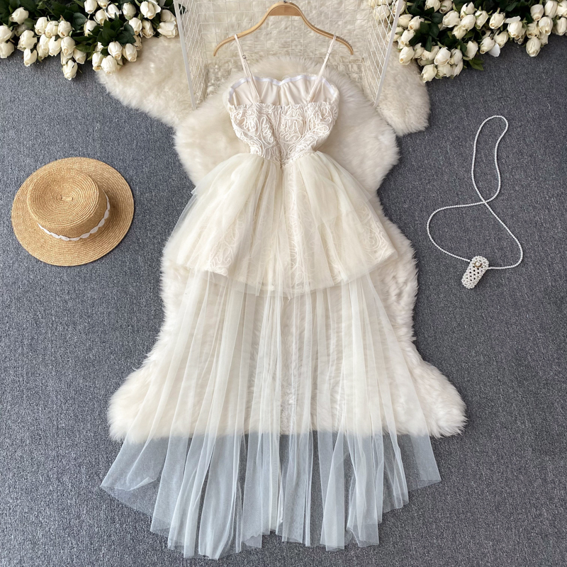 Lace Mesh Fluffy Summer Spaghetti Strap Dress for Women - Elegant Party, Wedding Guest, Beach Vacation Outfit