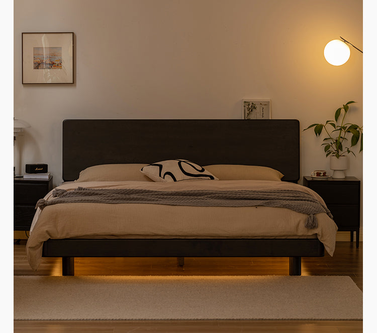 Solid Oak Wood Luminous Floating Bed Frame - Modern Platform Bed with LED Lighting for Bedroom, Guest Room or Dorm