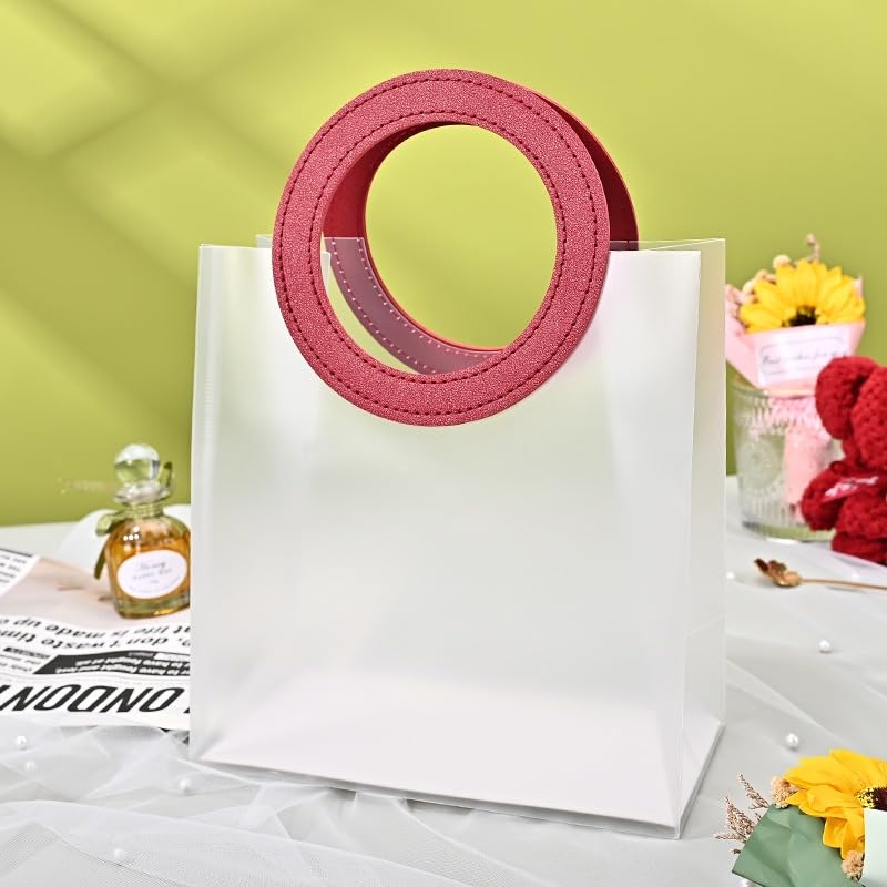 6-Piece Transparent Gift Bags with Round Leather Handles - Valentine's Day, Wedding, Party Favor, Shopping & Hamper Bags (Red, 18.5