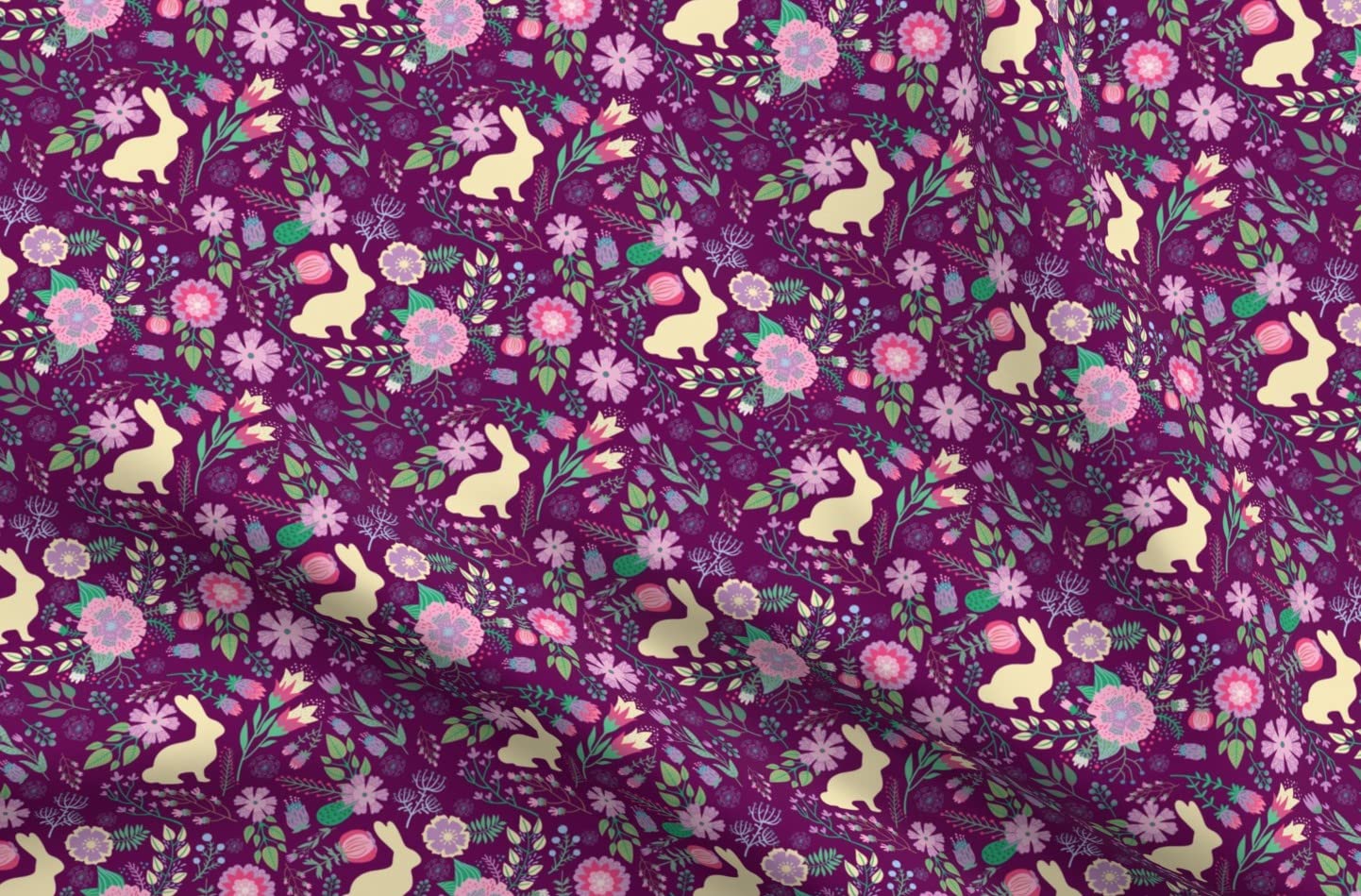 Easter Bunnies Raspberry Spring Floral Wine Bunny Rabbit Flowers Printed on Petal Signature Cotton Fabric by The Yard - Premium Spoonflower Fabric for Sewing, Quilting, Apparel, Crafts & Home Decor - Perfect for Easter Decorations, Spring Dresses & DIY Projects