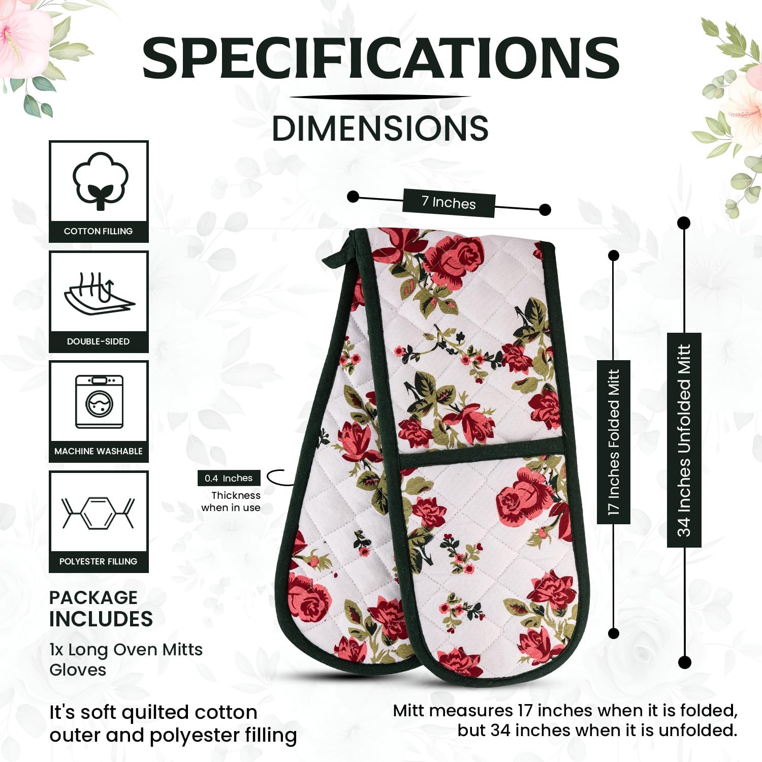 Heat Resistant Double Oven Mitts - Extra Long & Thick Quilted Cotton Gloves with Pretty Red Rose Pattern - Perfect for BBQ, Baking, Cooking & Kitchen Safety (1 Piece)