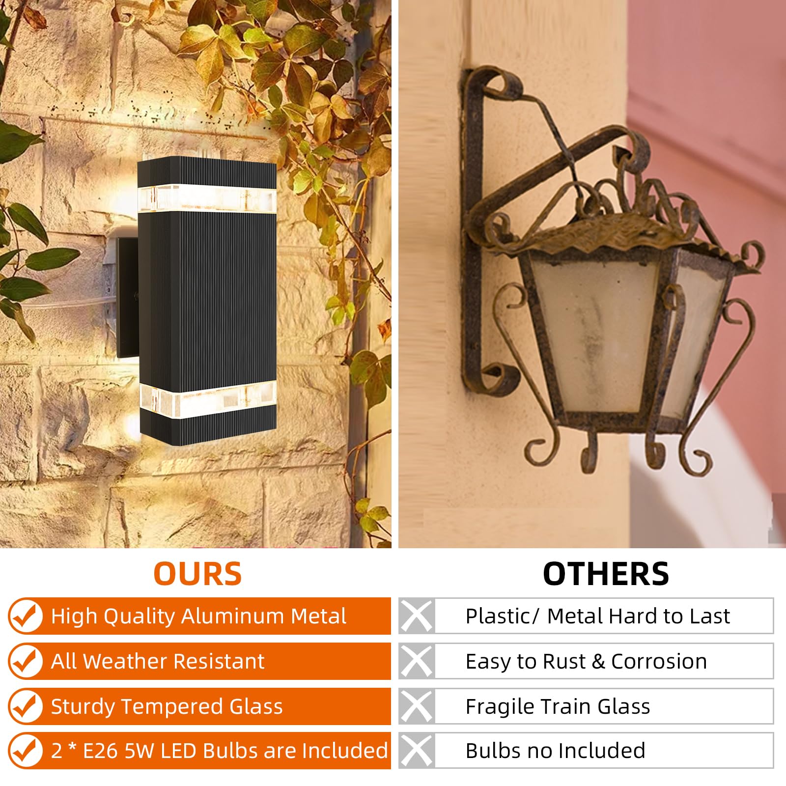 Waterproof Outdoor Wall Lights with Bulbs - Aluminum E26 Fixture for Front Porch, Patio, Garage - Durable Exterior Wall Sconce Lighting (2-Pack) - Perfect for Home Security & Landscape Illumination