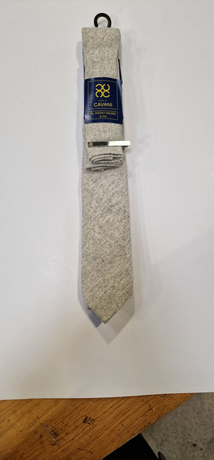 Cavani Kyra Grey Tie Set for Men - Premium Silk Necktie & Pocket Square - Perfect for Weddings, Business & Formal Events
