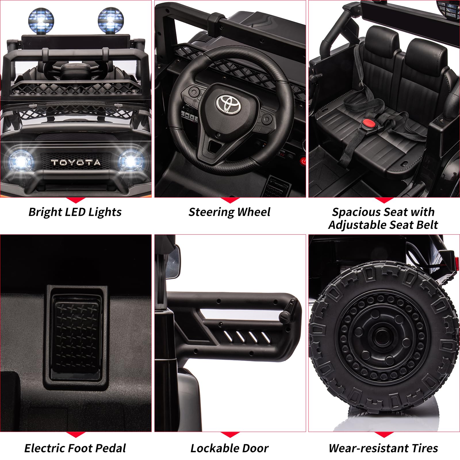 12V Licensed Toyota Ride-On Truck for Kids - Battery-Powered Electric Car with Remote Control, Music, LED Lights & Suspension System - Double Doors & Safety Belt - Perfect for Indoor & Outdoor Play, Birthday Gifts & Family Fun (Black)