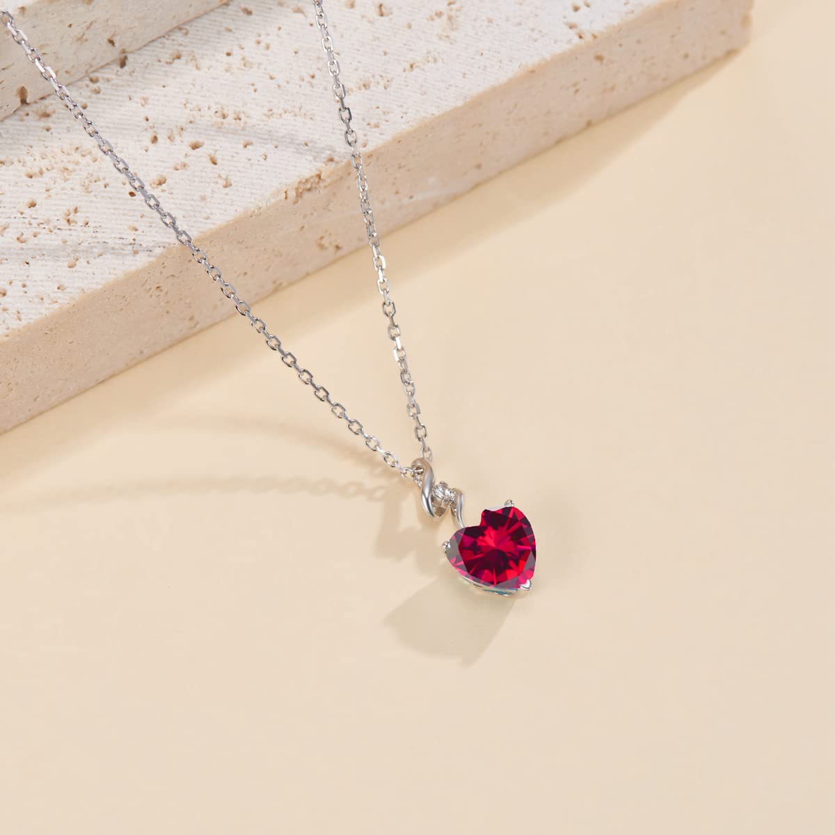 14K Solid White Gold Heart Pendant Necklace with 0.015ct Diamond & Created Ruby - July Birthstone Jewelry for Women, Dainty Solitaire Pendant on Sterling Silver Chain - Perfect Gift for Mom, Wife, Daughter | Anniversary, Birthday, Valentine's Day Present