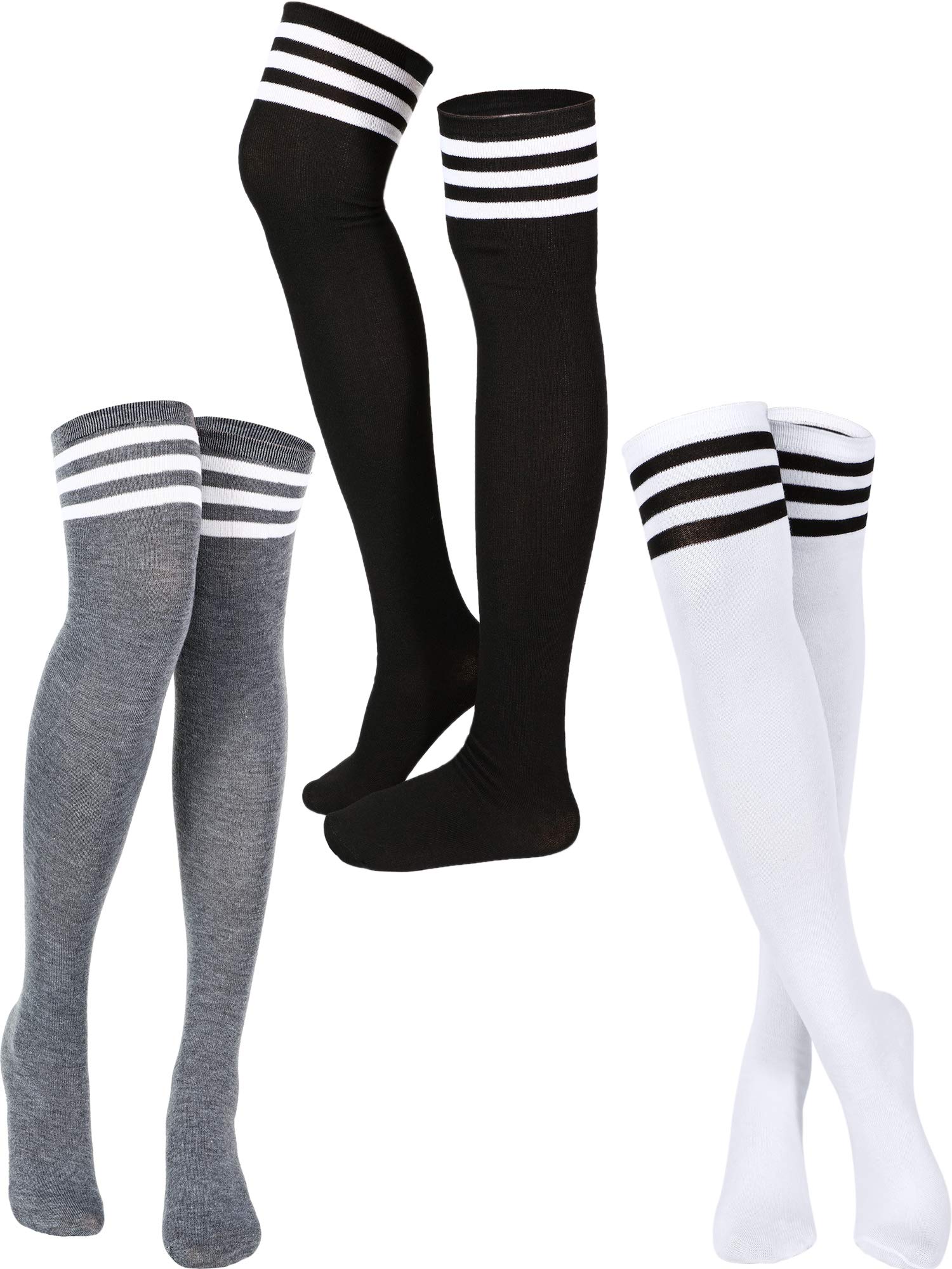 SATINIOR 3 Pairs Knee High Socks for Women - Thigh High Triple Stripe Over The Knee Socks, Long Opaque Thigh Stockings - Perfect for Winter, Cosplay, and Fashion Outfits
