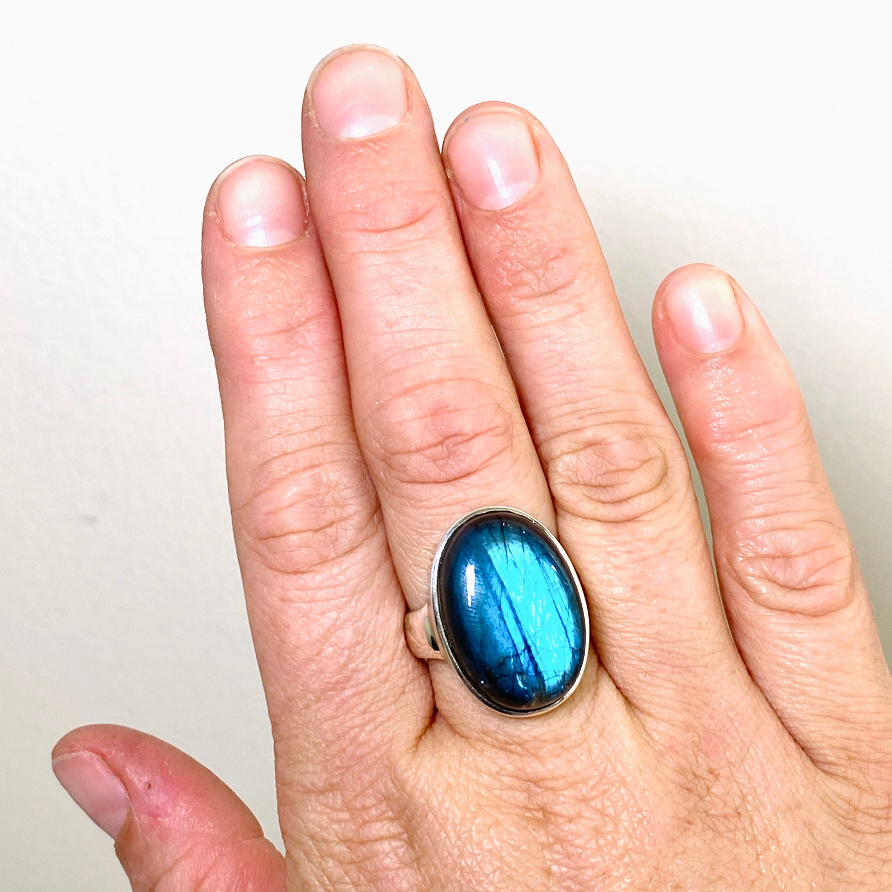 Natural Labradorite Oval Cabochon Ring - Size 9 Sterling Silver Handmade Jewelry for Women - Perfect for Boho Style, Gift Giving & Everyday Wear