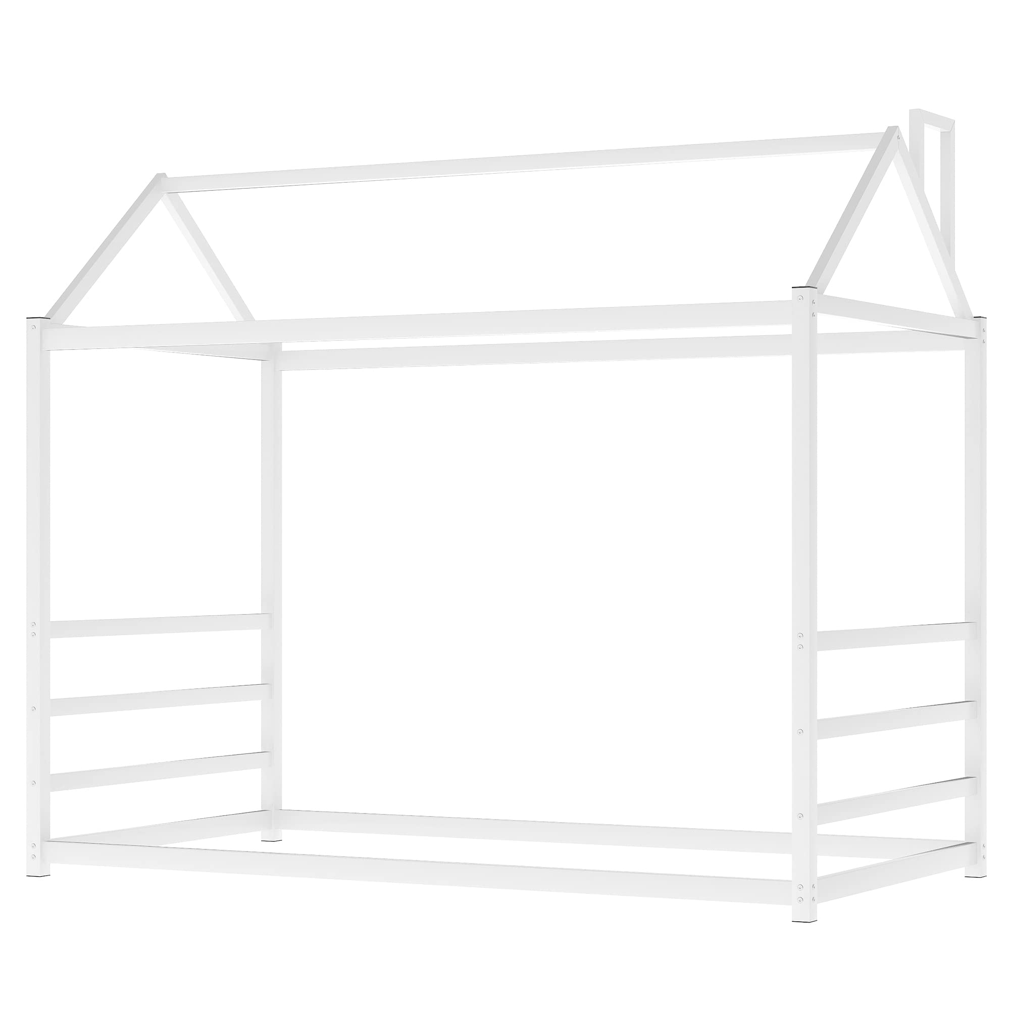 Montessori Floor Bed Frame for Kids - Twin Size Metal House Bed with Roof, White | Toddler Bed for Boys & Girls | No Box Spring Needed | Perfect for Montessori Bedrooms, Playrooms & Kids' Sleep Space