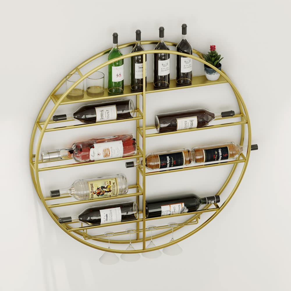 12 Bottle Wall Mounted Wine Rack - Gold Metal Bar Shelf with Glass Holder - Hanging Display for Home Bar, Dining Room & Kitchen (35.5