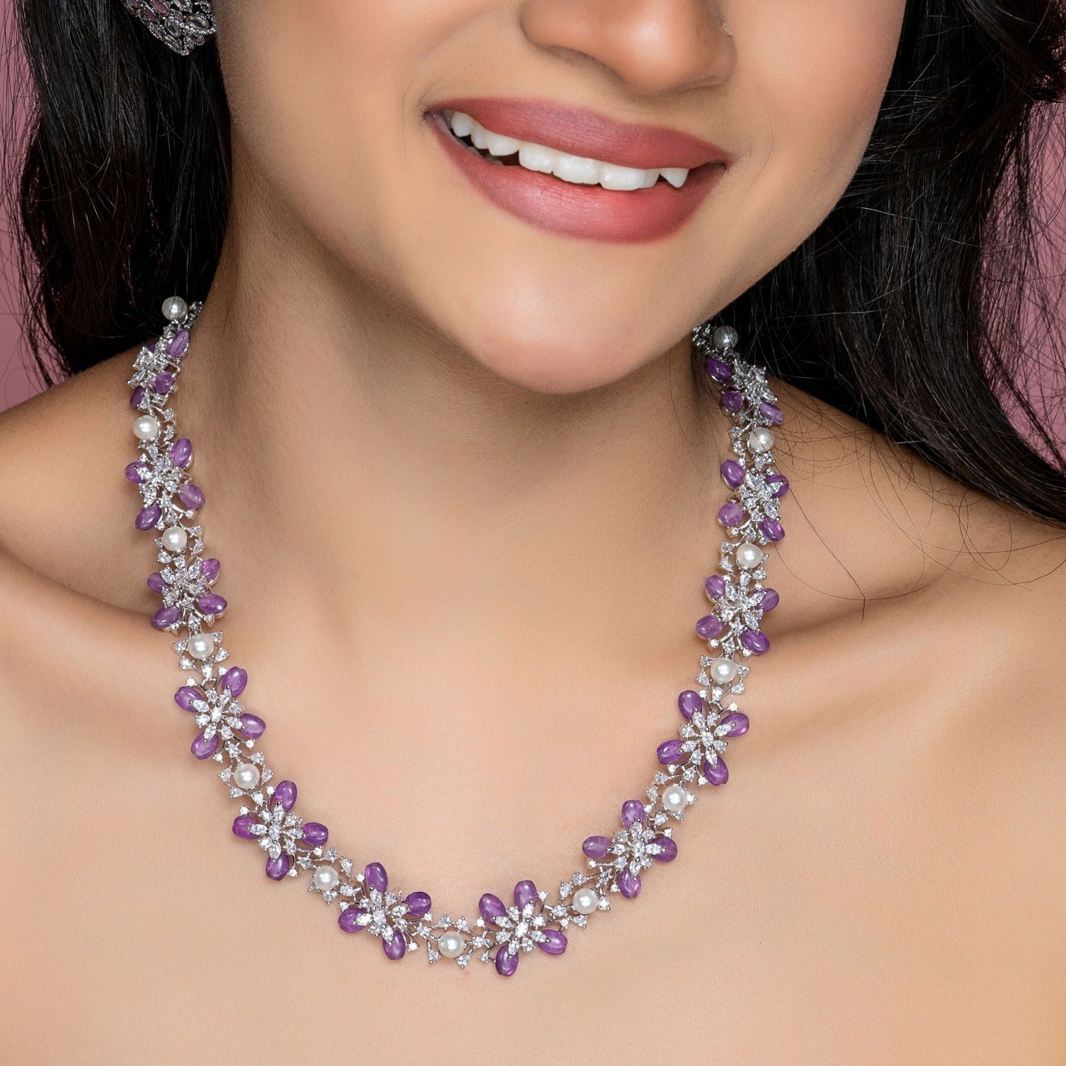 Lavender Beaded Pearl Necklace for Women - Floral CZ Crystal Long Chain Jewelry - Perfect for Weddings, Parties & Special Occasions