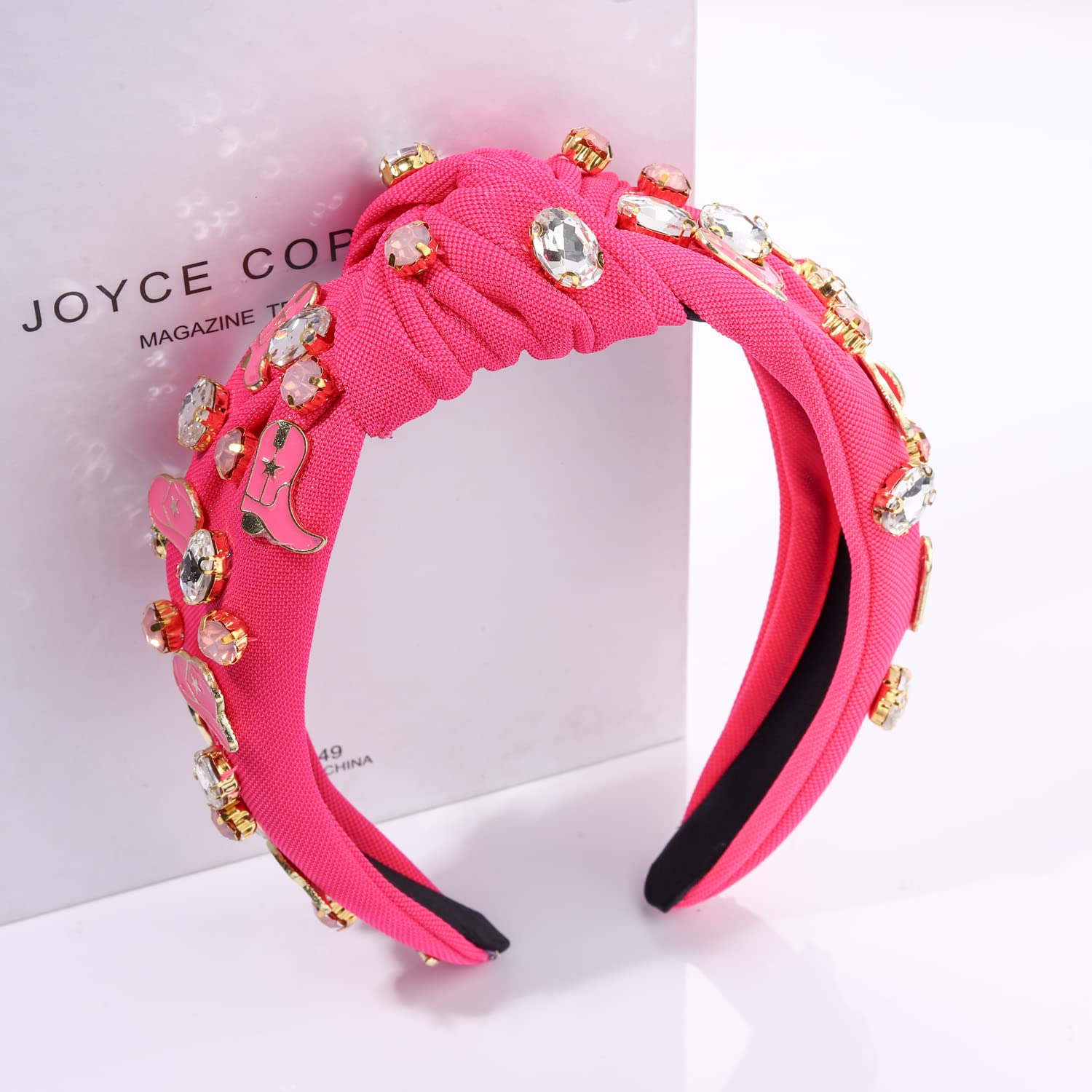 Mokkia Hot Pink Rhinestone Crystal Knotted Headband for Women - Western Cowgirl Hair Accessories, Wide Headband for Boots Hats, Spring Summer Fashion Headwear (Rose Red) - Perfect for Rodeo, Concerts, and Outdoor Events