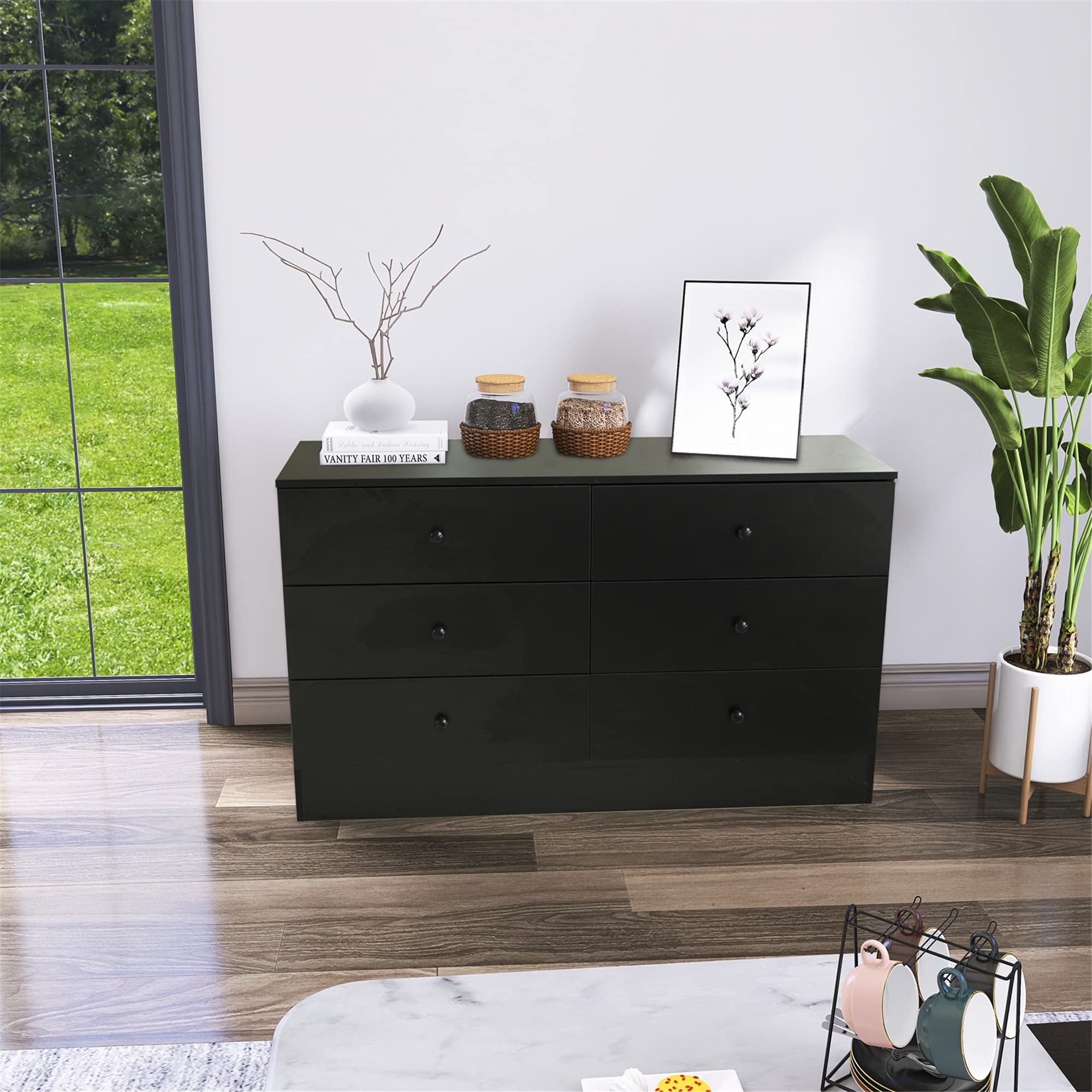 Modern 6-Drawer Black Dresser for Bedroom - Solid Wood Wide Chest of Drawers with Ample Storage | Perfect for Master Bedroom, Guest Room, or Dorm Organization
