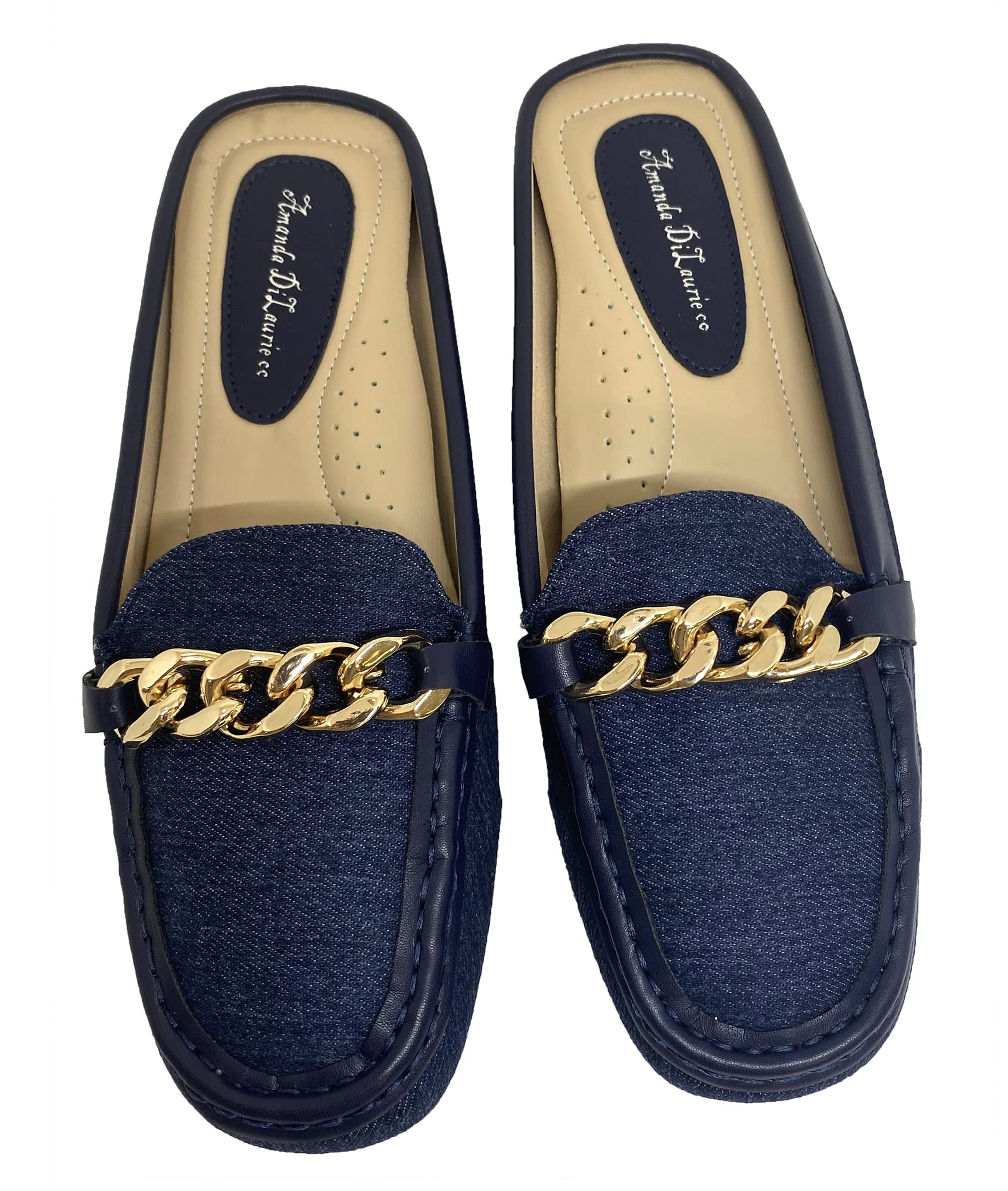 Amanda DiLaurie Women's Mules Slip On Backless Flats with Gold Chain - Comfortable Casual Shoes for Work, Office, and Everyday Wear