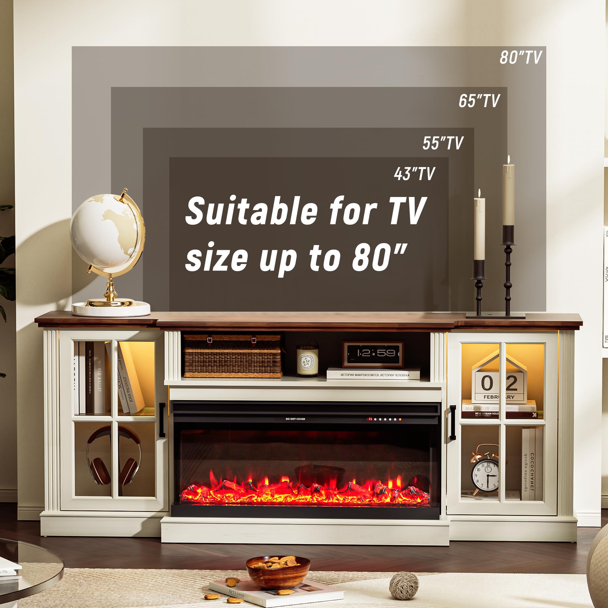 AHB 70 Inch 3-Sided Fireplace TV Stand for 80 Inch TVs - Electric Fireplace Entertainment Center with LED Lights, Farmhouse Highboy Media Console with Glass Door Cabinet - Perfect for Living Room, Bedroom & Home Theater Setup
