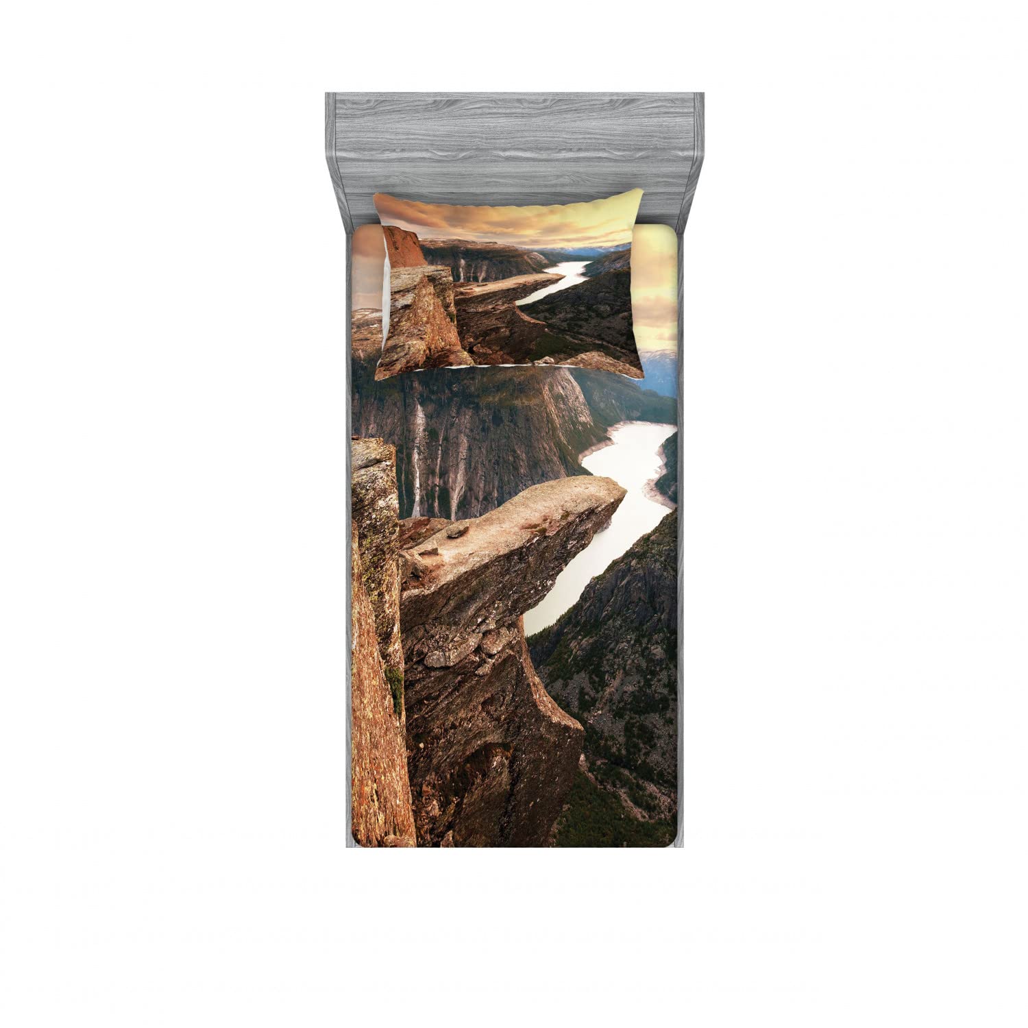 Ambesonne Mountain 2-Pack Twin Fitted Sheet & Pillow Sham Set - River Canyon Norway Landscape Design, 4-Piece Bedding Set (2 Fitted Sheets + 2 Pillow Covers) in Earthy Brown & Green - Perfect for Dorm Rooms, Guest Beds & Cabin Decor