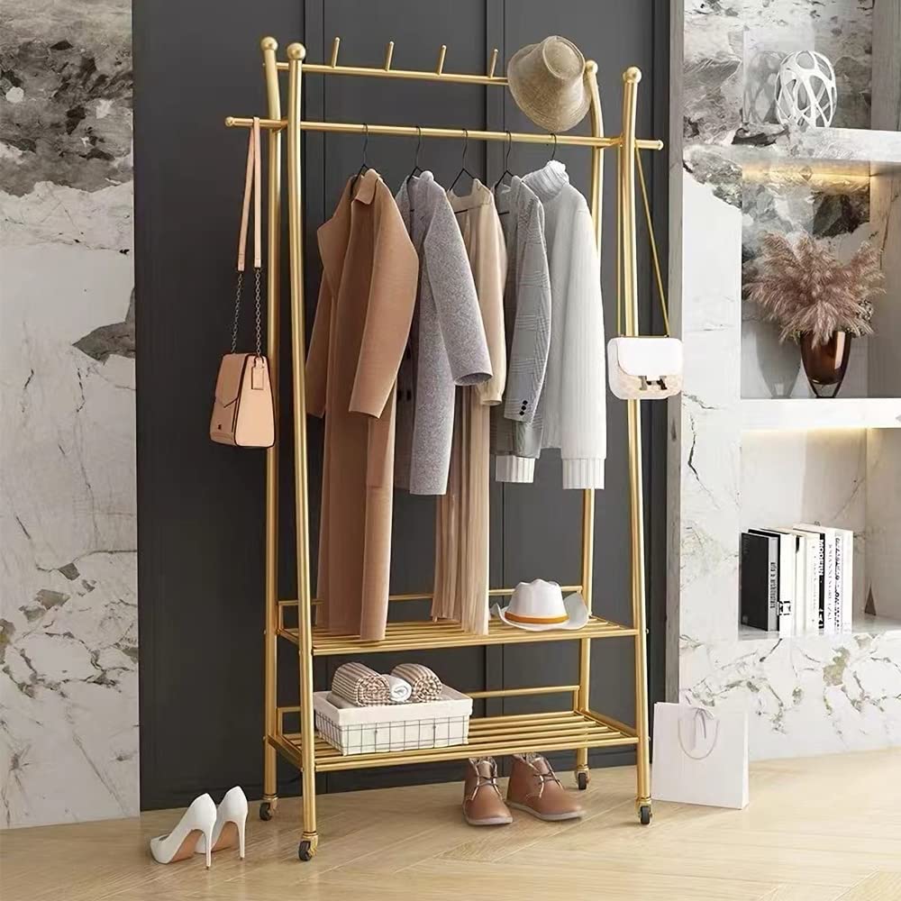 Heavy Duty Gold Rolling Garment Rack with Shelves - 31.5