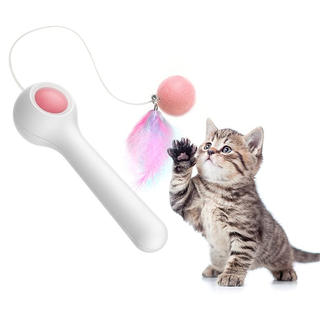 Interactive Cat Teaser Toy Stick with Feather Wand & Ball - Automatic Telescopic Fun Play for Kittens & Cats - Pink Pet Training Toy for Indoor Play & Exercise