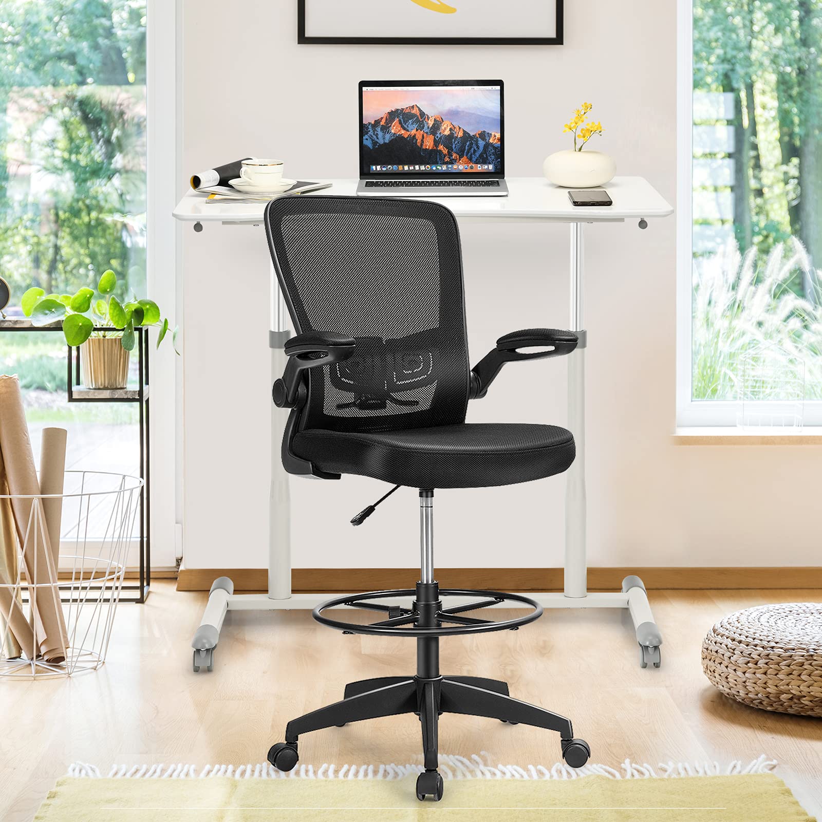 Tangkula Adjustable Height Home Office Desk & Ergonomic Chair Set with Wheels & Lumbar Support - White Computer Desk for Working, Studying, Gaming - Perfect for Small Spaces & Remote Work Setup