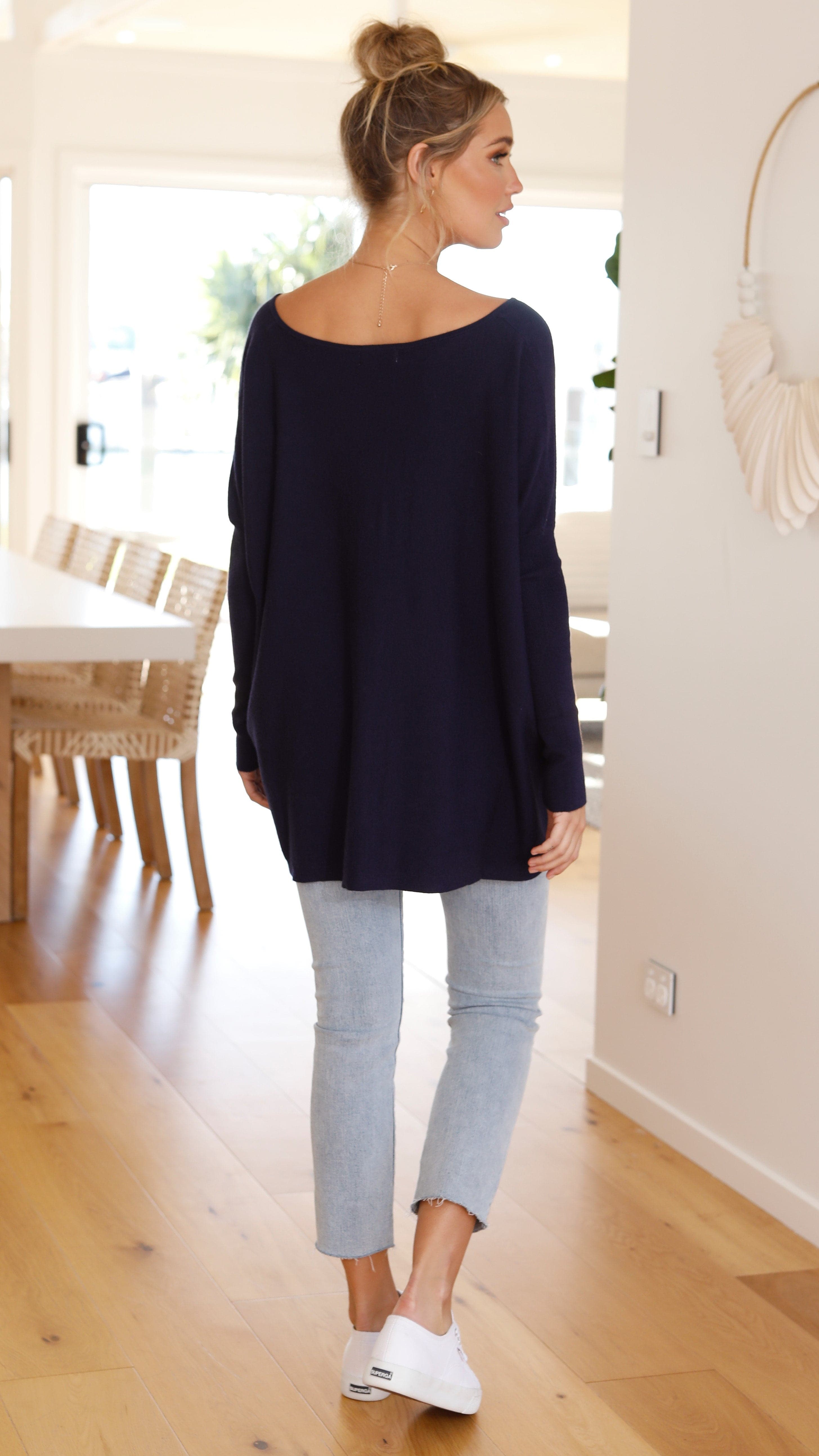 Amalia Knit Top for Women - Soft & Comfortable Navy Blue Crewneck T-Shirt - Perfect for Casual Wear, Layering & Everyday Outfits