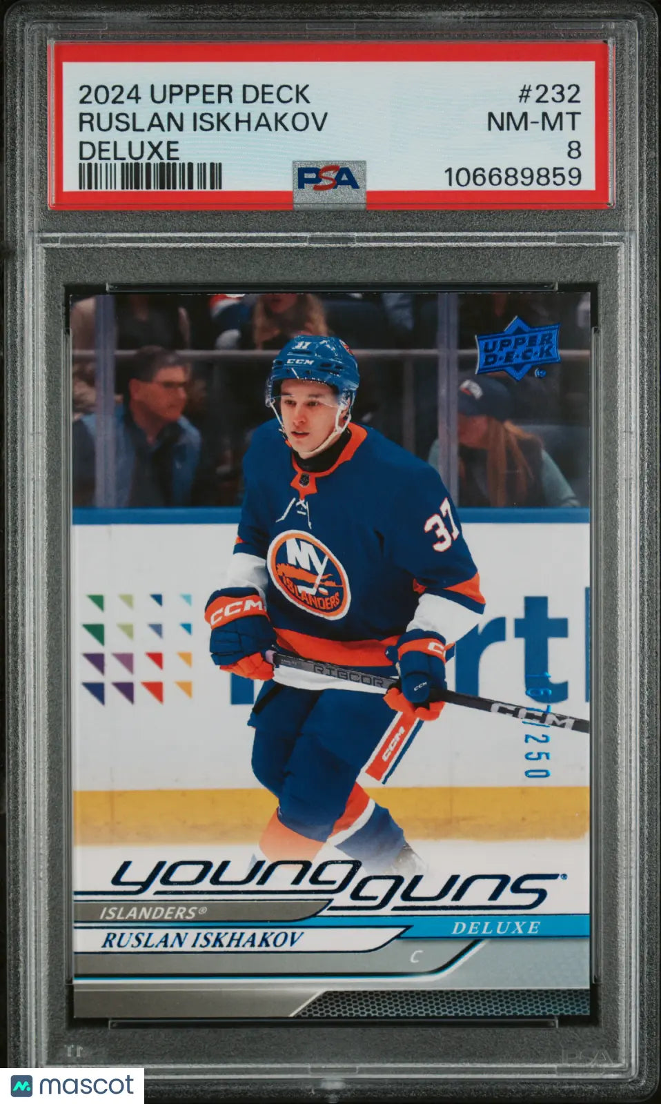 2024 Upper Deck Series 1 Ruslan Iskhakov Young Guns Rookie Card Deluxe PSA 8 /250 - Perfect for Hockey Card Collectors and Sports Memorabilia Enthusiasts