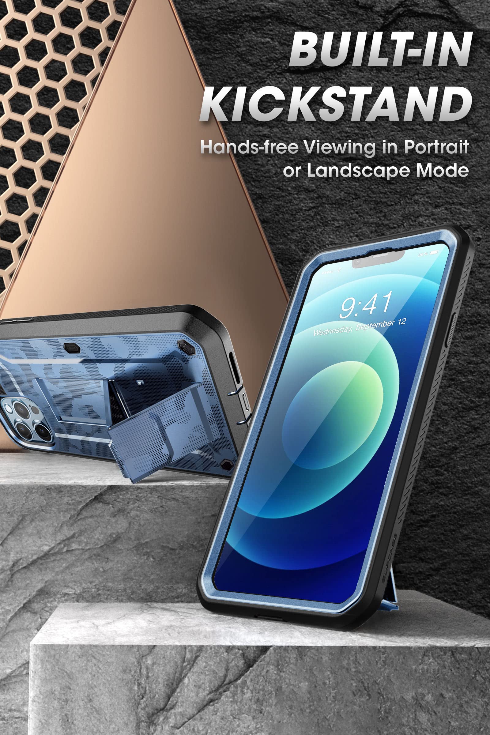 SUPCASE Unicorn Beetle Pro Heavy Duty Rugged Phone Case for iPhone 13 Pro Max with Built-in Screen Protector, Kickstand & Belt Clip - Camo Navy | Shockproof Full-Body Protection for Outdoor, Work & Daily Use