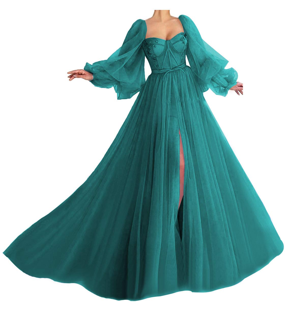 Elegant Teal Ball Gown Prom Dress with Puffy Sleeves - Plus Size Tulle Formal Gown for Women (Size 6) | Perfect for Prom Night, Homecoming, Photoshoots & Special Occasions