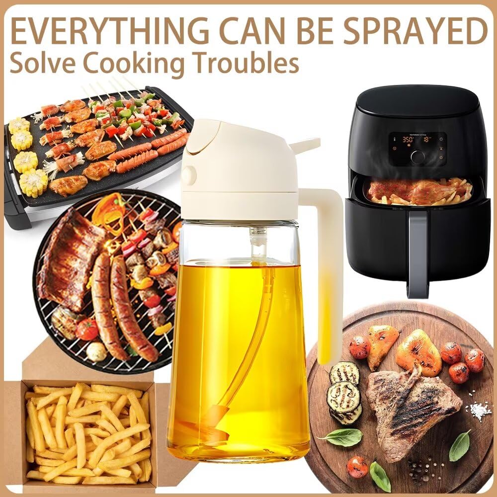 Premium 2-in-1 Glass Oil Dispenser & Sprayer - 470ml Kitchen Oil Bottle for Olive Oil, Vinegar & Cooking Spray - Perfect for Salad Dressing, Baking, Frying, BBQ & Healthy Cooking - Elegant White Design