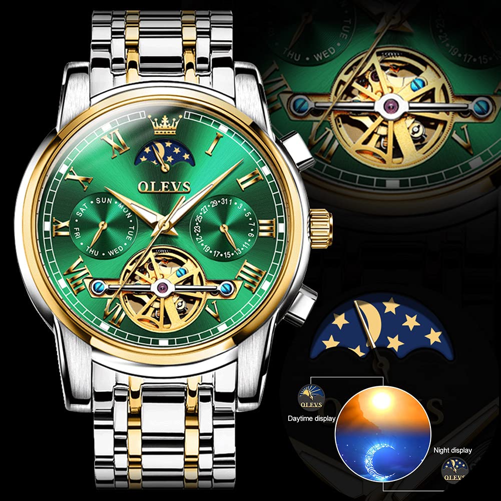 OLEVS Automatic Couple Watches for Men & Women - His and Hers Matching Set, Self-Winding Mechanical Tourbillon Dress Watch with Day Date Calendar, Big Face Two-Tone Wristwatch | Perfect Anniversary Gift, Wedding Present & Romantic Couples Accessory