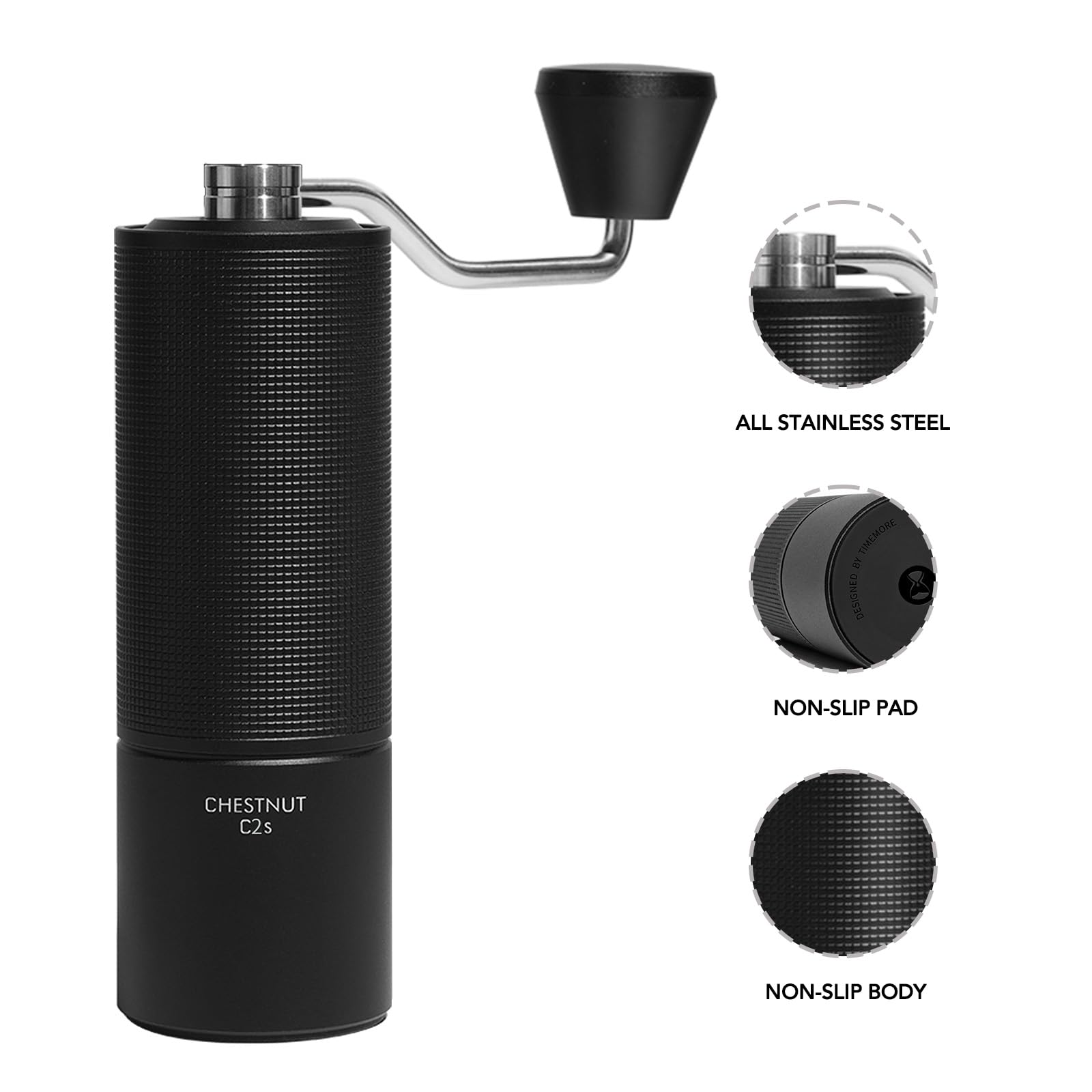 TIMEMORE C2S Manual Coffee Grinder - Stainless Steel Conical Burr Mill with Adjustable Settings (20g Capacity) for Pour Over, Mocha & Espresso | Perfect for Travel, Camping, Home & Office Use | Durable Black Hand Grinder